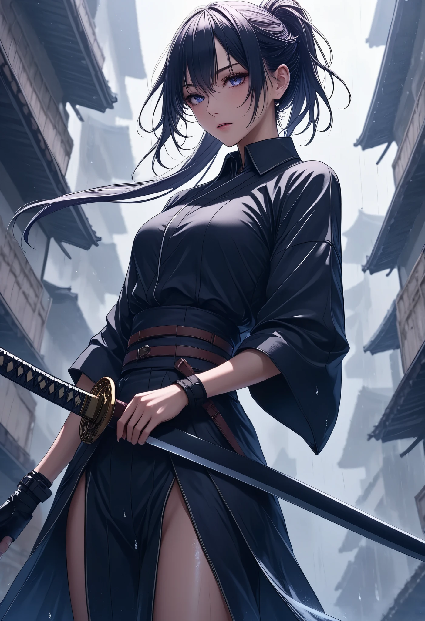 with strong, ephemeral eyes, alone, swordsman, character “ATLAS”,holding Katana in her hands, Close your eyes、A woman standing in the dark, Cut the time that passes, Strength to blend into silence, Furinkazan, BREAK when raindrops on the eaves, (breaks that drop, cut, cut, cut, Cutting to pieces, A drop of rain falling on the eaves, ROUGH, break (Raindrops falling from the eaves、I'll cut it in an instant:1.6),