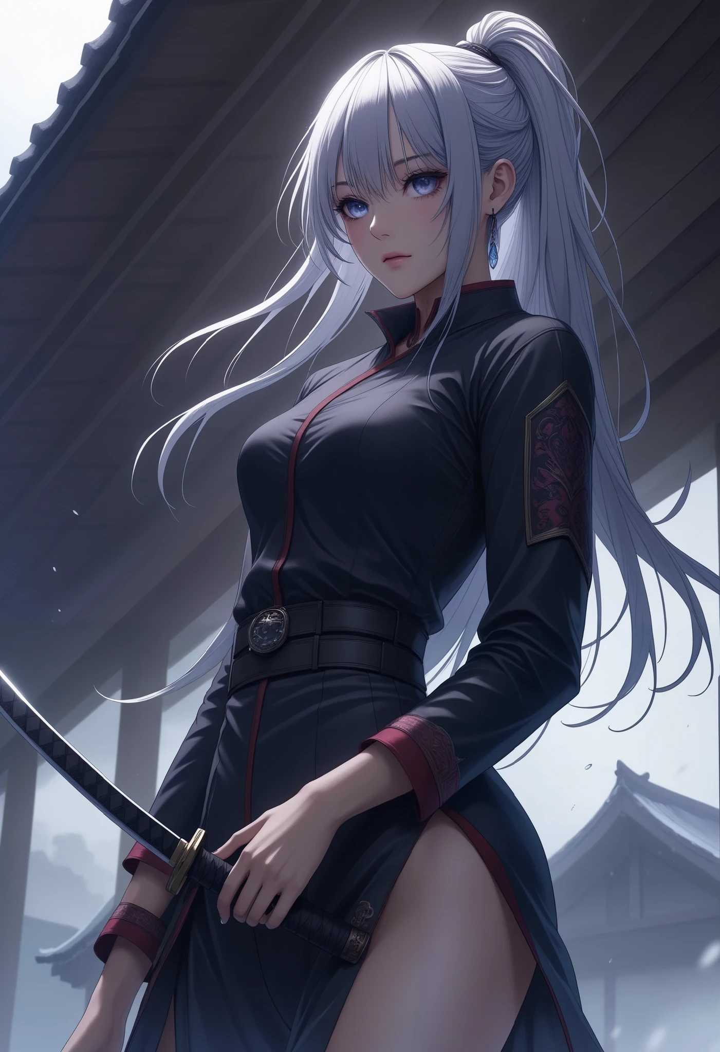 with strong, ephemeral eyes, alone, swordsman, character “ATLAS”,holding Katana in her hands, Close your eyes、A woman standing in the dark, Cut the time that passes, Strength to blend into silence, Furinkazan, BREAK when raindrops on the eaves, (breaks that drop, cut, cut, cut, Cutting to pieces, A drop of rain falling on the eaves, ROUGH, break (Raindrops falling from the eaves、I'll cut it in an instant:1.6),