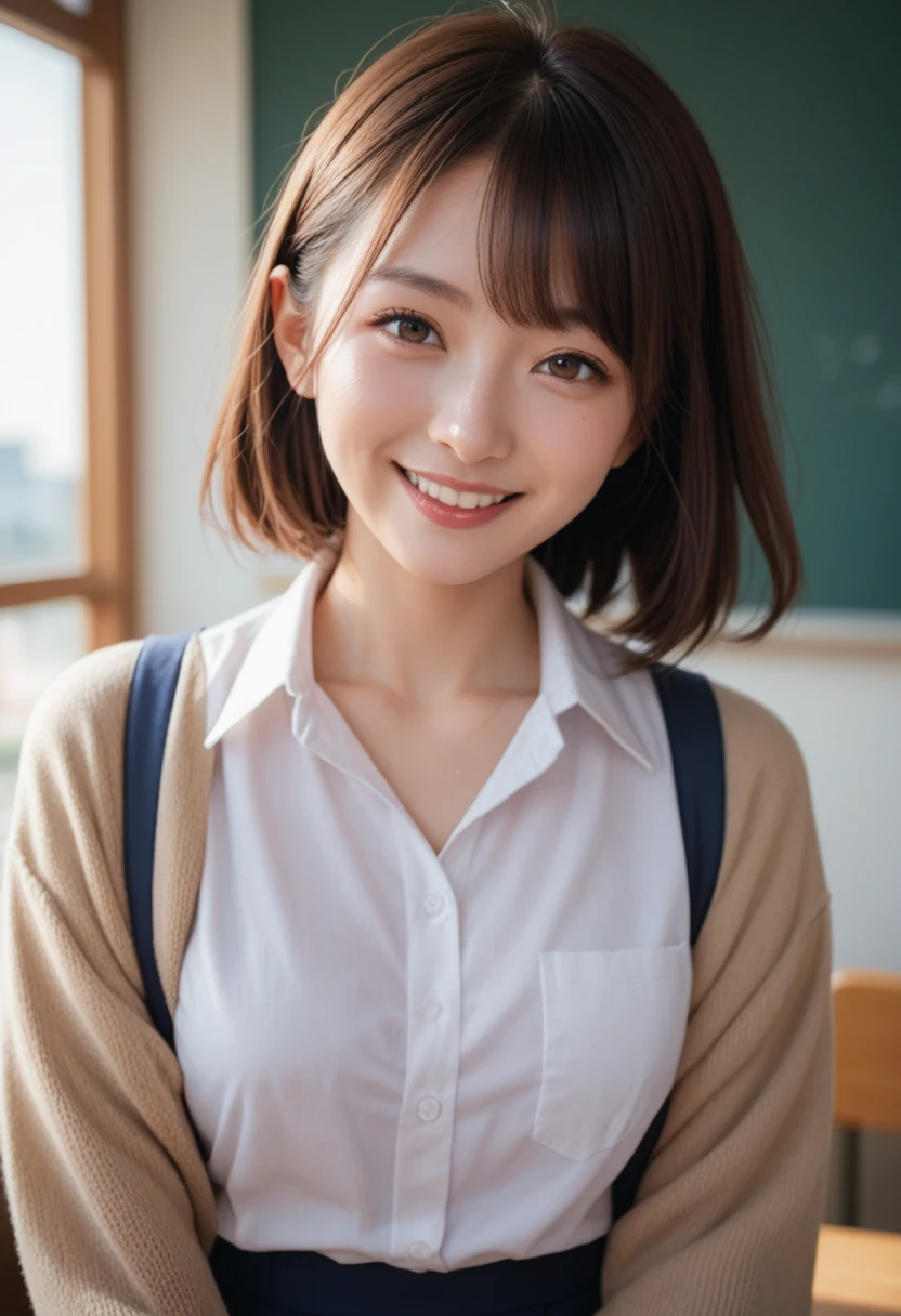 Top quality, 1 beautiful woman, super short Hair, wearing shirt , shy-smile,  at school 