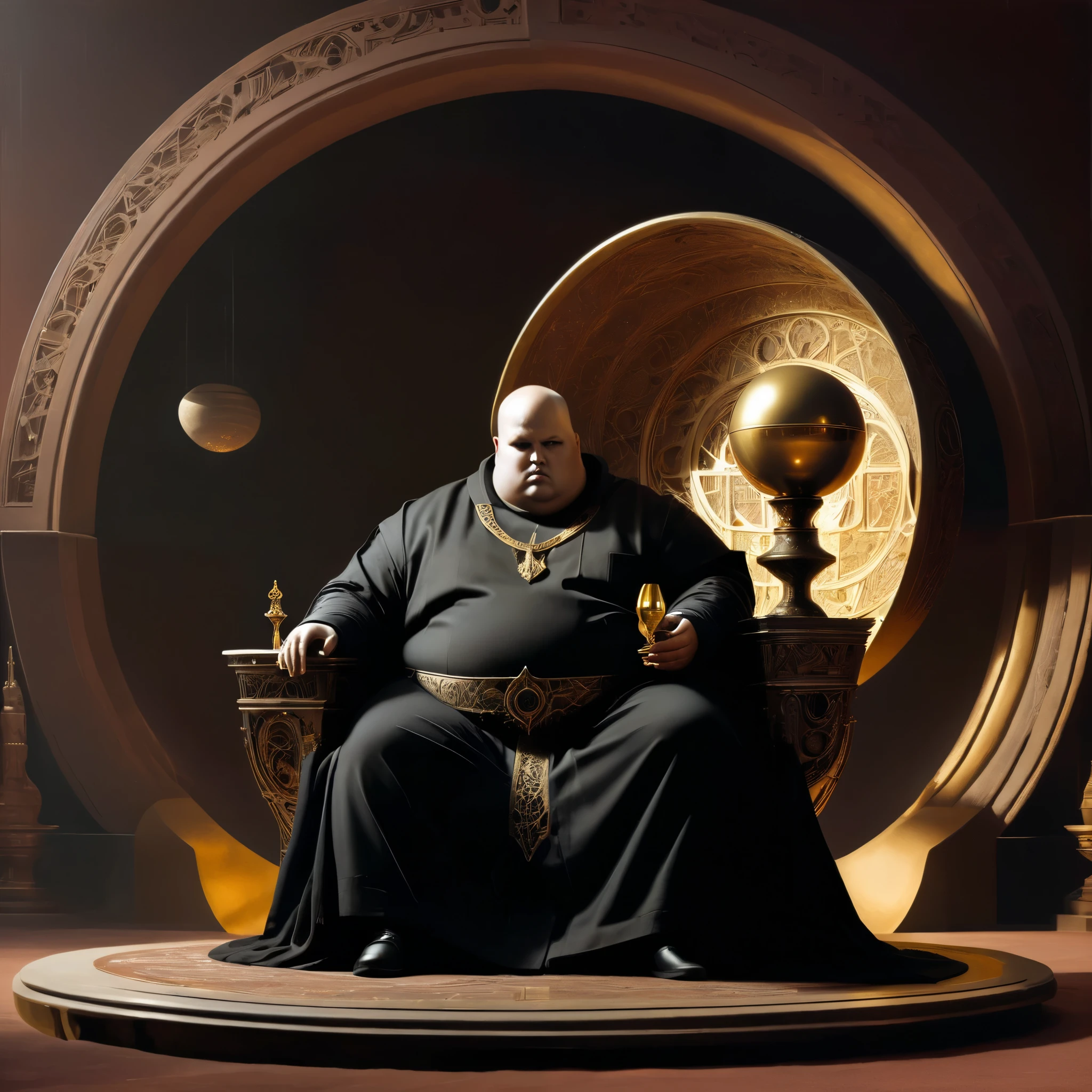 1970s sci-fi, painterly, highly detailed, atmospheric, shadowed figure, slightly surreal composition, obese, bald man with no eyebrows sitting on a futuristic, minimalistic throne, dressed in a dark, heavy futuristic robe. He holds an ornate golden goblet in his right hand. His expression is stern, menacing. In front of him floats a detailed, desert-like planet, supported by a thin, dark stand. The background is a dark red stone wall, creating an ominous atmosphere. Dramatic lighting with high contrast,