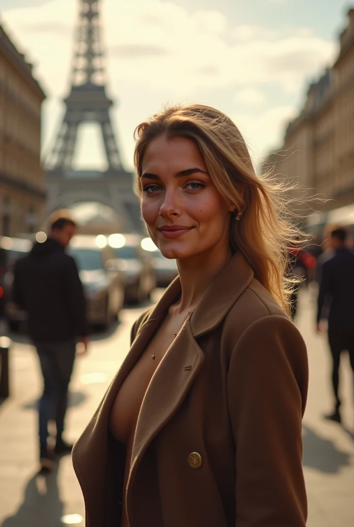 (25 years old, medium covered breasts, cleavage, skinny, slender, young woman:1.5), (Oval-shaped face, luminous complexion, Bright almond-shaped eyes, Arched defined eyebrows, retroussé nose, bow-shaped lips:1.2), Parisian streets at twilight, elegant athletic vibe, ((chic outfit)), tailored blazer, silk scarf flowing in the breeze, comfortable yet stylish trousers, leather gloves, iconic Eiffel Tower in the background, cobblestone streets, charming cafes, ambient street lights, passersby in fashionable attire, serene expression, sense of freedom and adventure, pastel-colored buildings, ornate balconies with wrought-iron details, soft sunset colors, sophisticated yet relaxed atmosphere, blend of traditional and contemporary fashion elements, subtle makeup, effortless elegance (dynamic photoshoot sexy feminine pose, adorable cute face, extremely pretty, iridescent eyes,hourglass figure:1.4),(December Issue:1.2),(perfect boudoir lighting:1.2),SimplePositiveXLv2,