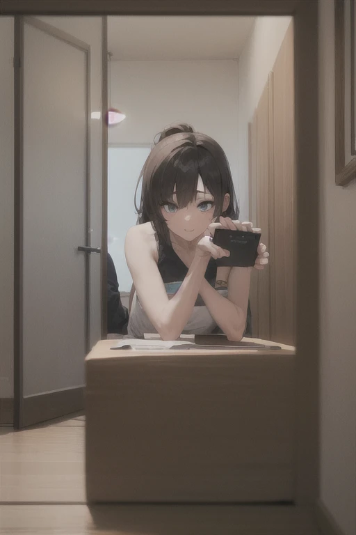(top-quality)、​masterpiece、extremely delicate and beautiful、astonishing、finely detail、huge filesize、ultra-detailliert、hight resolution、absurderes、((perfect hand:1.2))、 Take a selfie with your phone in one hand、cover one's face、 1girl in、very slender legs、very slender legs、very slender legs、Long legs、very detailed legs、 [is standing|Sitting on a chair|sitting on|Butterflies sitting]、 [Stockings|pantyhose|thighs thighs thighs thighs|knee high]、 iphone、selfy、the pose、small hand、platinum-blonde,Medium Hair,Red-eyed,Senzoku Nishikiki,Lycoris Recoil
