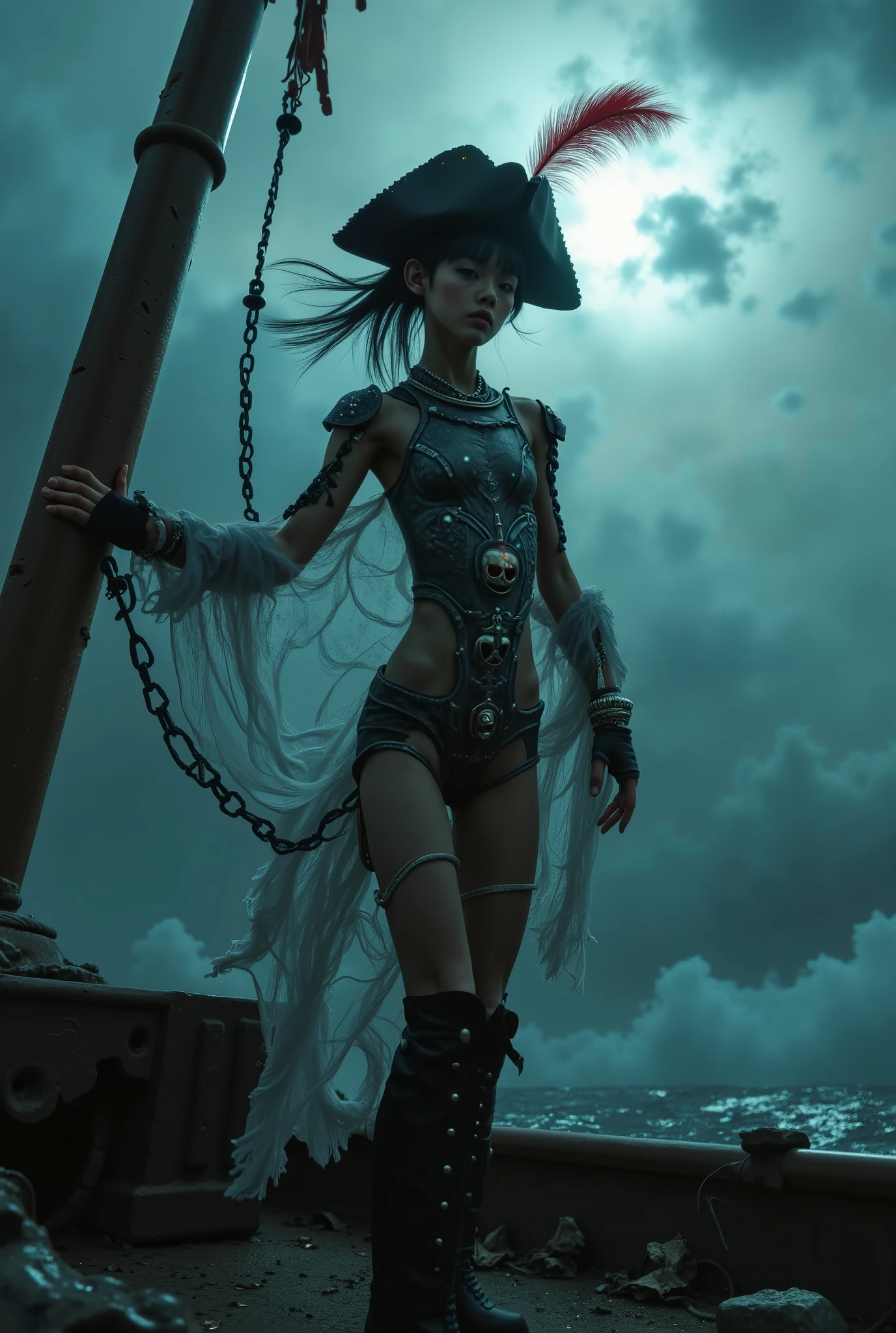On the deck of her pirate ship ghost tread, shrouded in a thick and icy fog, The extremely thin 18-year-old Chinese girl. She wears pirate themed armor: a dark metal cuirass, fitted and sexy, with necklines that highlight her thin and delicate silhouette, adorned with anchors and silver skulls. Thick chains hanging around the shoulders and waist sway gently with every movement, while translucent white ruffles come out from under the shell, creating a striking contrast between the dark metal and the lightness of the fabric. The leather sleeves, with metal details, cover her thin arms, enquanto uma saia de couro e tecido com babados longos atrás flutters in the wind, revealing her long and slender legs. high boots, adorned with silver anchors, complete the look , giving it an air of power and sensuality.
Her black hair, with fringe and ponytail , flutters in the wind, as her empty eyes fix the dark horizon. On top of your head, a black pirate hat with a long red feather completes her, tilted slightly to the side, giving her an air of authority and mystery.
A enorme Jolly Roger, with its skull and crossed bones, trembles proudly on the main mast, even faded and torn. suddenly, the black waters surrounding the ship begin to violently bubble. the Kraken emerges from the depths, Her gigantic tentacles, thick as towers and covered with monstrous suction cups, surrounding the ghost ship. The colossal creature, with glowing and threatening eyes , dominates the scene , as the ship creaks and crackles under the pressure of the tentacles.
The protagonist , immovable and silent, floats above deck, with the ruffles of her clothes and her hair flowing in the icy wind. The pirate hat remains firmly on your head, as a symbol of her resistance, even in the face of terror. lighting The scene is hyper-detailed, photorealistic , with cinematic lighting and vibrant colors in 8K resolution.