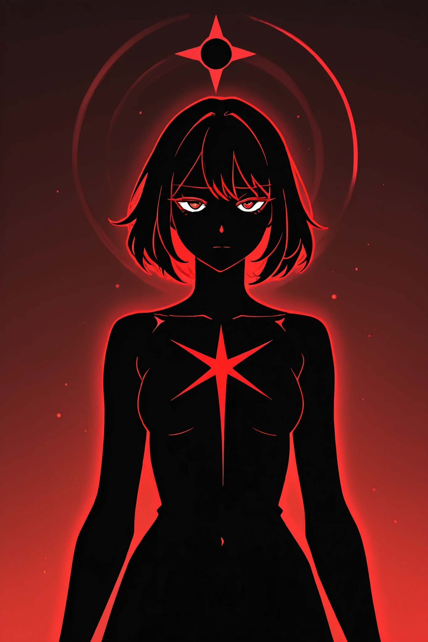 Antares is like a shadow — a black, changeable silhouette, your red eyes like dying stars, your presence an energy vacuum. feminine and angelic silhouette. all over his body , Small red stars are visible in the dark color, It has a sexy and defined feminine silhouette, Cosmic details on your skin
