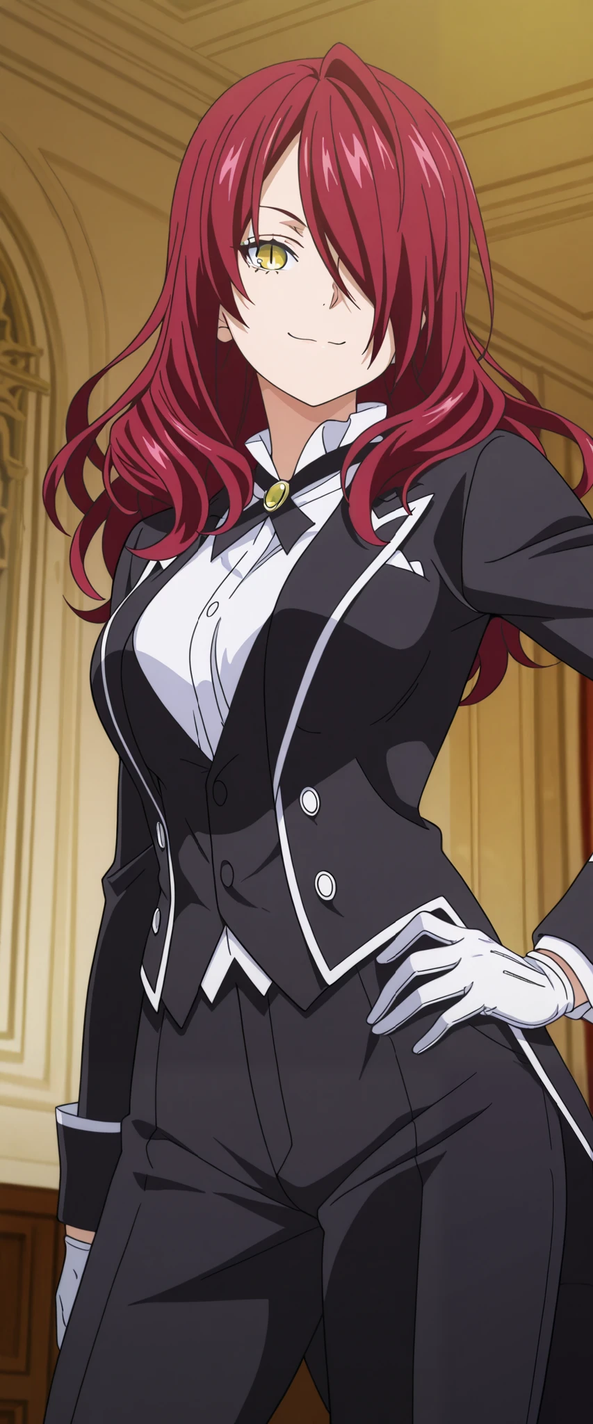1girl,kobayashi rindou, long hair, red hair, wavy hair, yellow eyes, hair over one eye, slit pupils, anime coloring, tuxedo tailcoat, butler, pants ,hand on hip, woman in a formal suit,she's looking at the camera with a calm smile,,, indoors,smile,, gloves ,masterpiece,best quality,amazing quality, ,,reaching at viewer,,,,