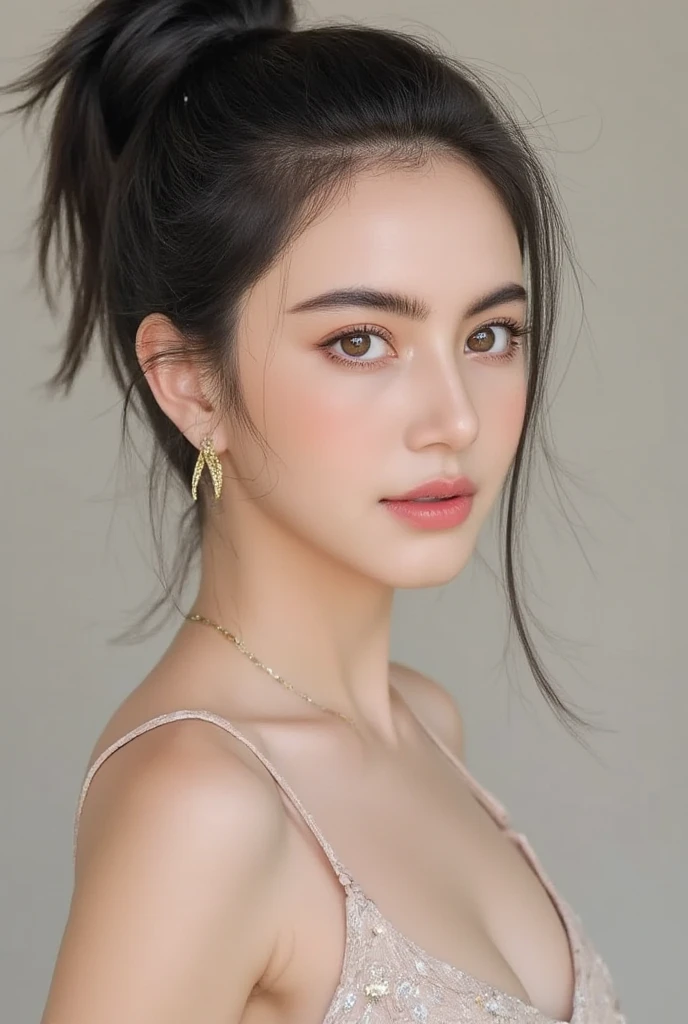(8K, original photo, highest quality, masterpiece: 1.45), (actual, lively: 1.37),1 beautiful girl、 (reality: 1.4), Japanese、asian beauty、super beautiful、beautiful skin、thin、(upper body)、(super reality)、(High resolution)、(very detailed)、(Super detailed)、big eyes、brown eyes、long eyelashes、detailed face、gloss lip,bright lighting、professional lighting、looking at the camera、serious expression、look straight ahead、medium hair、brown hair、Hotel、Nogizaka Idol、actress、20-year-old、big breasts、big breasts、wet skin、silver latex suit、cleavage cutout、baby face、Moisturized and realistic skin texture、moist lips、natural shadows、(arms up),nsfw,