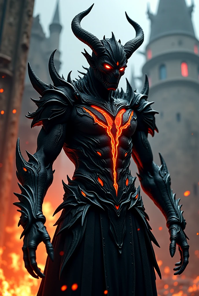 Full body shot of Garou with handsome face, alduin eyes, sharp crimson eyes, darksiders art style, armor reflecting black flames inspired by the black ancalagon demon.