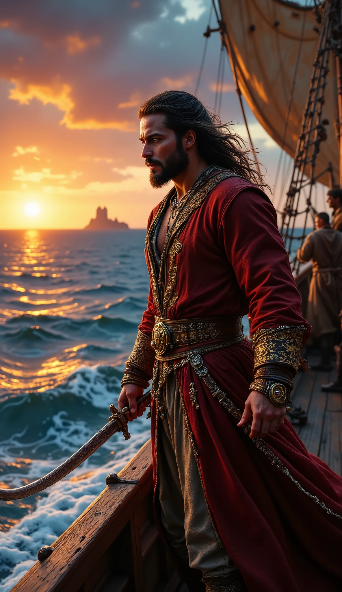 Sinbad, the legendary pirate, stands tall on the deck of his majestic ship, The Sea Serpent, as it cuts through the rolling waves of an endless sapphire ocean. His weathered boots, one propped on the ship's edge, anchor him firmly as he leans forward, his muscular frame draped in a billowing, deep crimson coat adorned with golden embroidery that glints in the sunlight. His tanned skin tells tales of countless voyages under the sun, and his dark, wind-swept hair is tied back with a leather cord, a few strands escaping to frame his sharp, determined features.
His piercing eyes, the color of stormy seas, gaze intently at the horizon, where the sky melts into the ocean in a gradient of fiery oranges and soft purples as the sun begins its descent. The ship's sails, emblazoned with a serpentine emblem, catch the wind, and the rigging creaks softly in the salty breeze. Behind him, his crew works diligently, their laughter and shouts blending with the rhythmic crash of waves against the hull.
In the distance, a faint silhouette of an uncharted island emerges, shrouded in mist and mystery, promising untold treasures and dangers. Sinbad's hand rests on the hilt of his curved scimitar, its jeweled pommel gleaming, while a faint smirk plays on his lips, hinting at the thrill of adventure and the secrets the horizon holds. The scene is alive with the energy of the open sea, the golden light of dusk casting long shadows and painting the moment with an air of both grandeur and solitude.
A cinematic, painterly style with rich, vibrant colors and dramatic lighting. The textures of the ship's wood, the fabric of Sinbad's coat, and the shimmering waves should feel tactile and real. The horizon should evoke a sense of infinite possibility, with soft brushstrokes blending the sky and sea. The composition should emphasize Sinbad's commanding presence, with the ship and ocean serving as a dynamic backdrop to his contemplative stance.