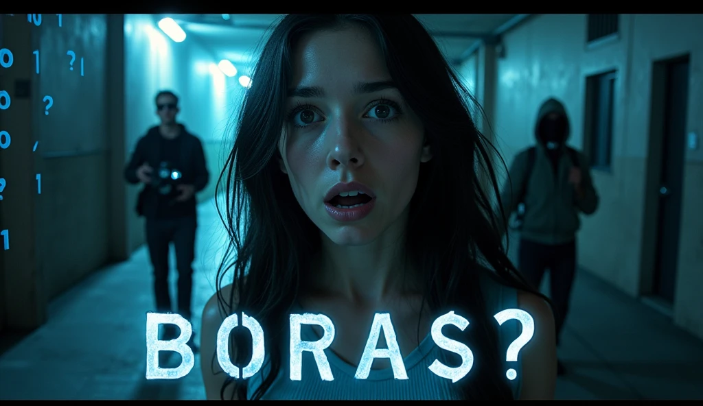 Image is a movie poster with a dramatic and suspenseful style. It features a young woman with long, dark hair and a light skin tone, looking surprised or frightened. Her facial expression is one of shock, with wide eyes and slightly open mouth. She is positioned prominently in the center. In the background, there are two figures: one is a man with a camera, wearing sunglasses, and the other is a hooded figure, both walking down a dimly lit alley. The background is filled with binary code and question marks, adding a mysterious and technological theme. The text at the bottom is in a stylized font, with a glowing effect, in a mix of white and blue colors. The overall color scheme is dark with neon highlights, enhancing the suspenseful atmosphere.nothingl is written on the poster