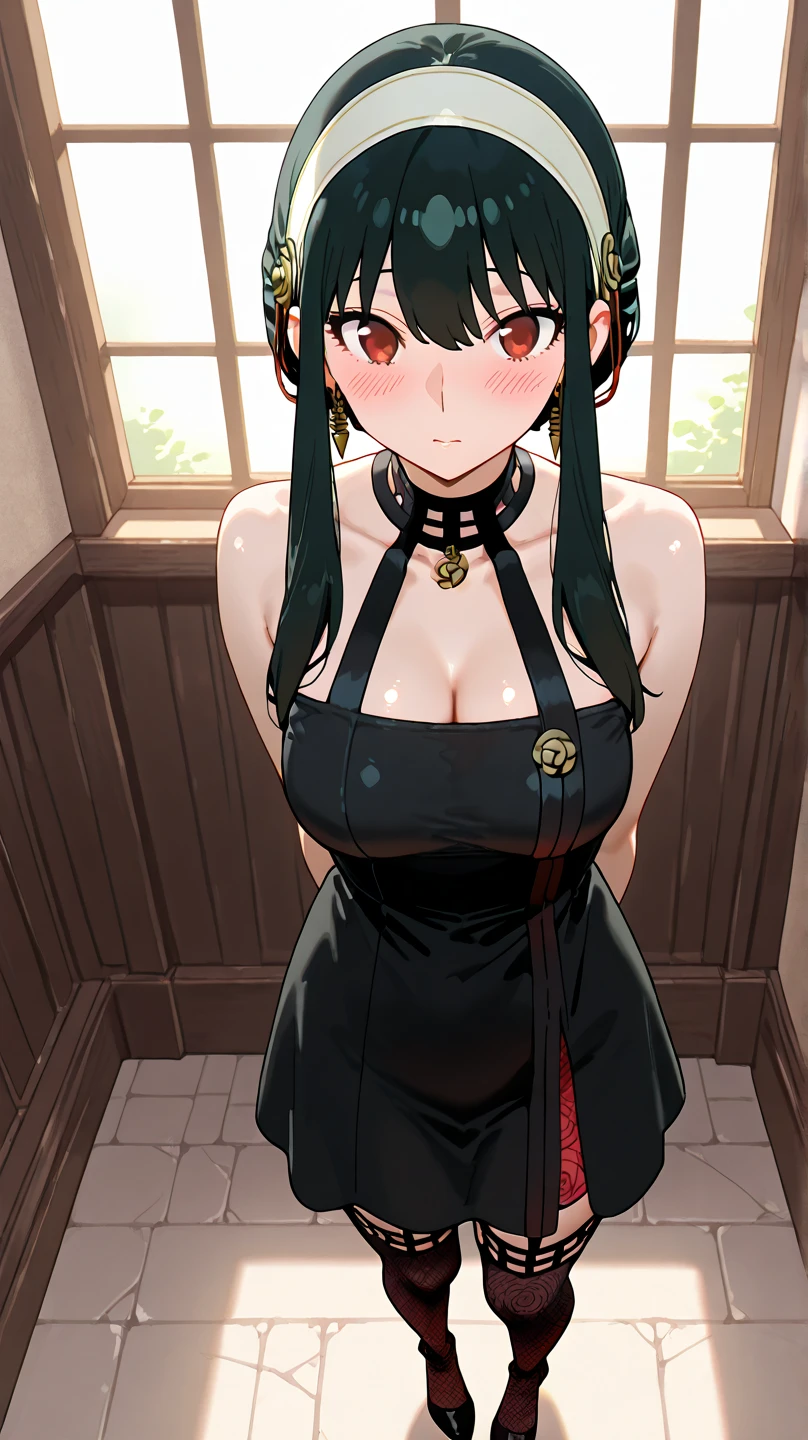 yor briar, 1girl, bare shoulders, black dress, black hair, breasts, closed mouth, dress, earrings, flower, hair flower, hair ornament, hairband, jewelry, medium breasts, long hair, looking at viewer, red eyes, sidelocks, sleeveless, solo, upper body, in room background, ((masterpiece))