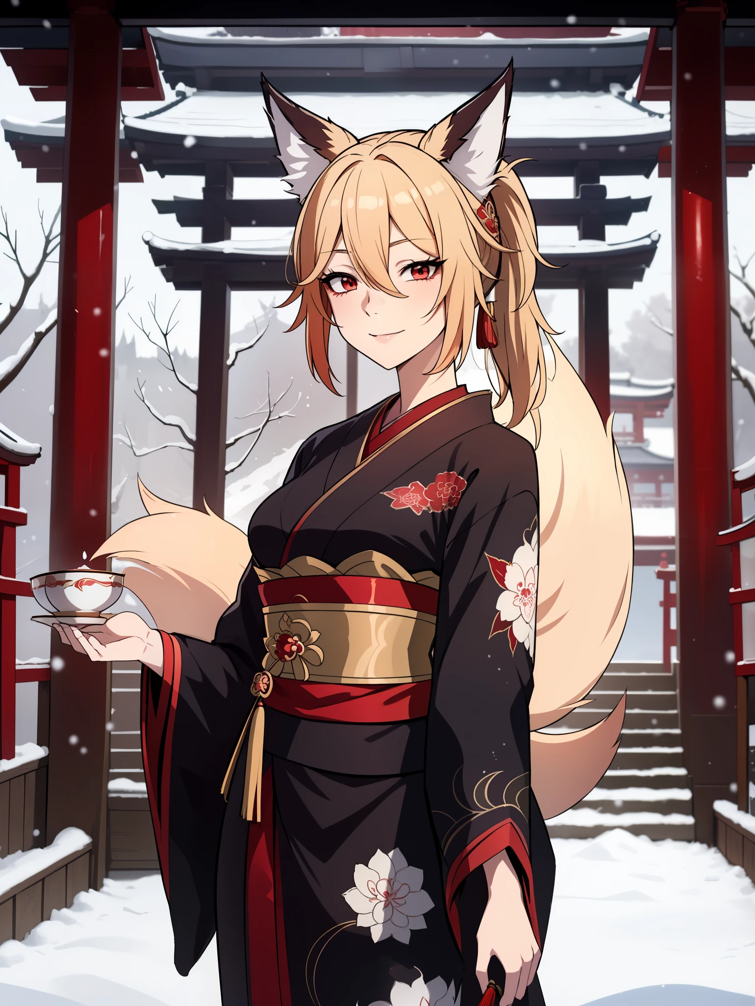(high-quality, breathtaking),(expressive eyes, perfect face) 1girl, female, solo, red eyes, positive expresion, portrait, symmetrical eyes, neutral, kimono, mature, adult, half open eyes, elegent, long hair length, medium breasts, snow, falling snow, charming smile, patterned kimono, upperbody, enchanting, alluring, seductive, left bands, red sash, blue ribbon, , japanese, kimono, black kimono, red trim, long sleeves, charming smile, fox ears, fox tail, kitsune, red eyes, blonde hair, ponytail, fugue, fox ears, 1tail, paper fan, shinto shrine, lanterns, tea cups, paper fan