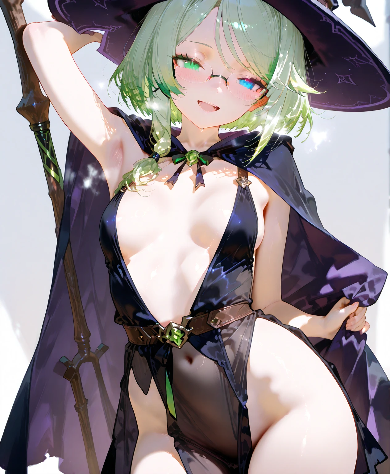 a femboy, Long hair, green hair, Red eyes, Skinny body, small cock, purple witch hat, sexy witch costume, blushing, expression of great shame, covering the crotch, covering his penis