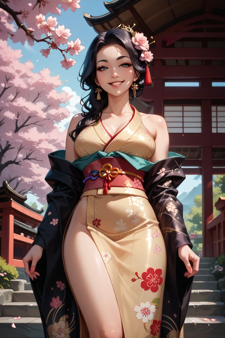gorgeous Asian woman, samurai, sakura groove, flowering trees, slight smile, seductive