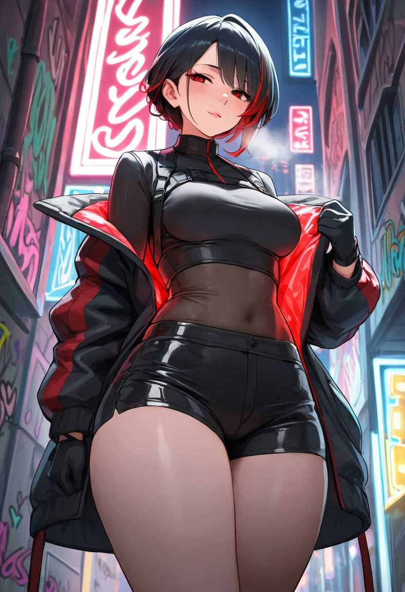 Short bkack hair,cropped hoodie,,black socksskirt,goth,Menacing,Rampage GtsGiga,Gtscity,Cityscape Gotham city,draw strings,hood up,black trainers,Shoes,medium bosom,mature woman,athletic,the god damn bat woman,nighttime