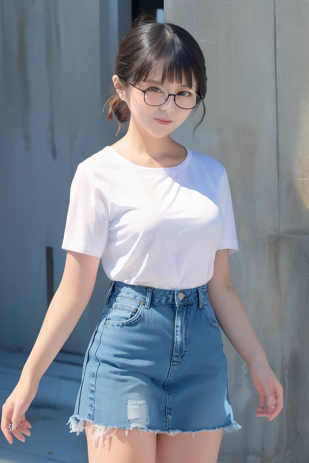 full body shot、30-year-old Japanese woman、Glasses、low ponytail、bungs、denim skirt、WhiteT shirt、SMALLE BREASTS、 (( No Background ))