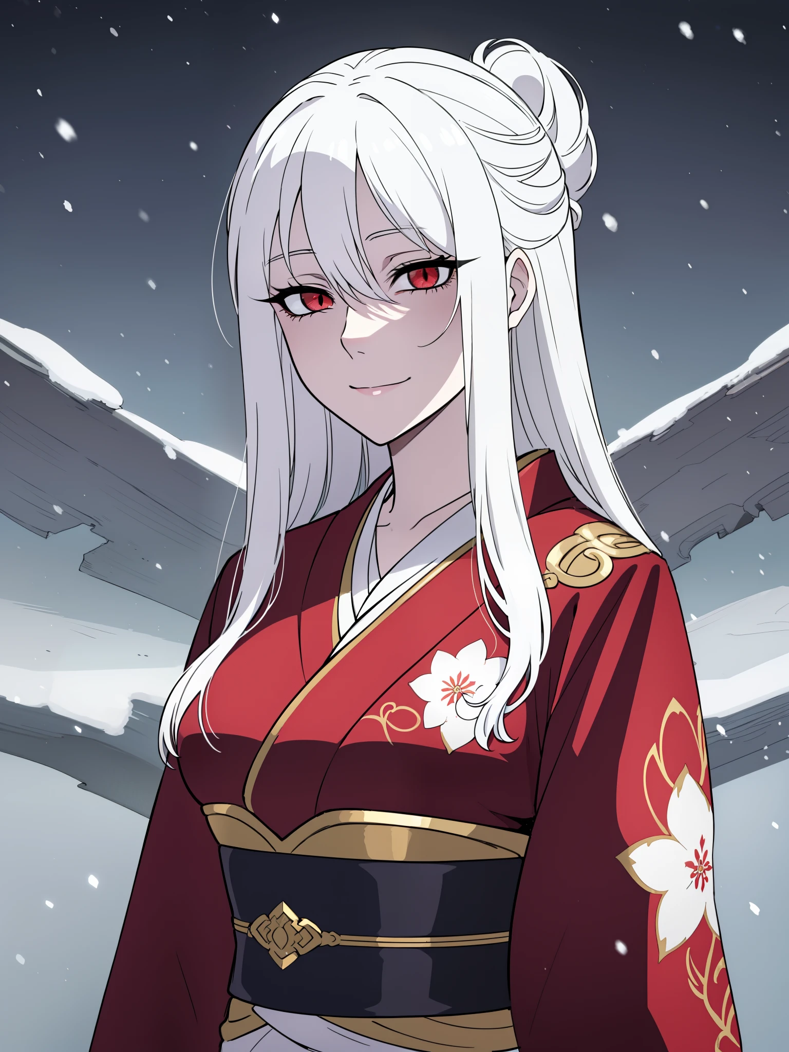 (high-quality, breathtaking),(expressive eyes, perfect face) 1girl, female, solo, white hair, red eyes, pale white skin, albino, positive expresion, portrait, symmetrical eyes, neutral, snake eyes, scales, black kimono, mature, adult, half open eyes, elegent, long hair length, medium breasts, snow, falling snow, charming smile, scales on cheeks, patterned kimono, upperbody, enchanting, alluring, seductive, hands down, gold trim