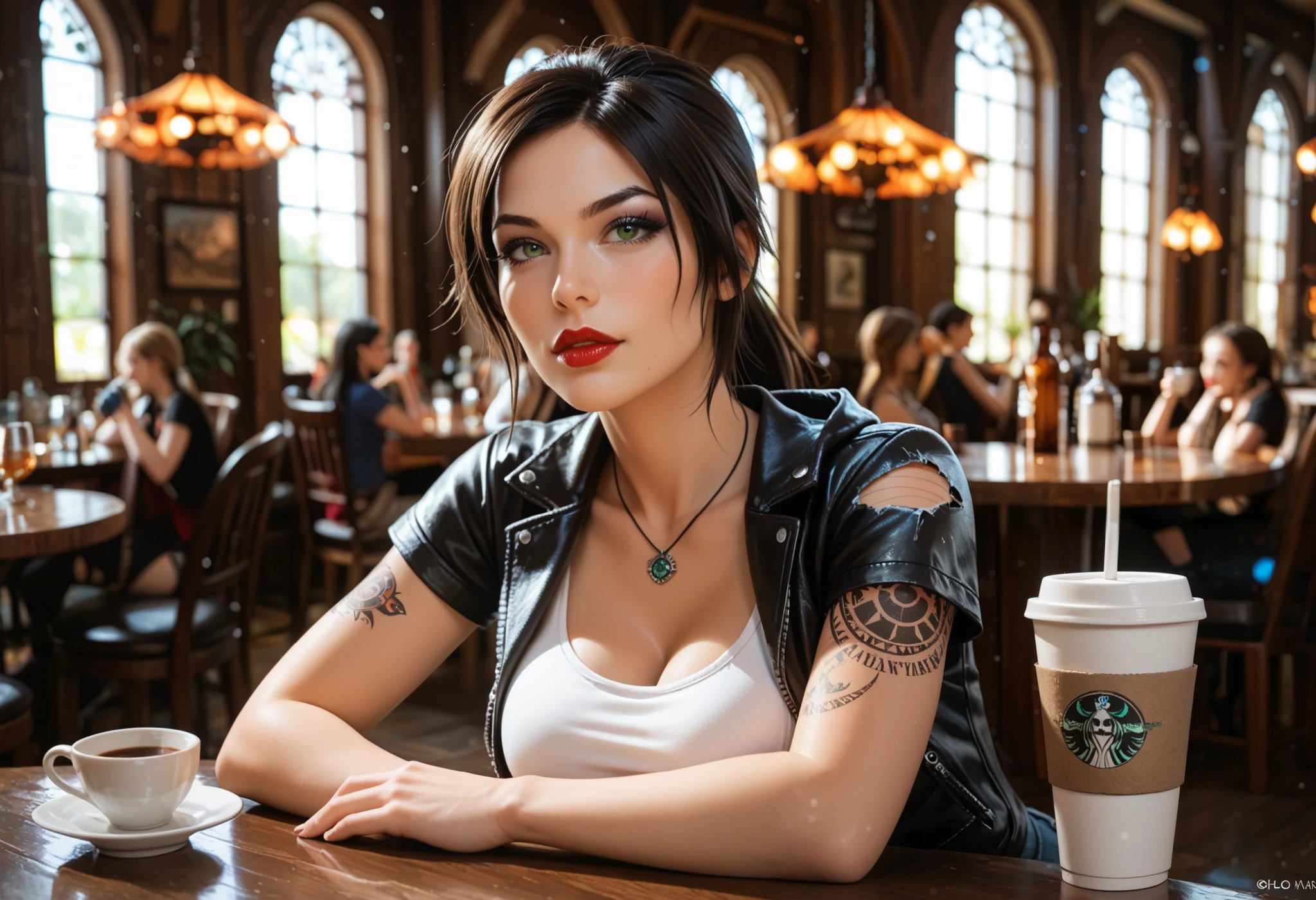 ultra detailed beautiful French woman, Lara Croft from tomb raider cosplay, sit at a table, drinking a coffee in a tavern BREAK wearing a ripped denim jean, a t-shirt and a leather jacket with a hood BREAK ,stunningly beautiful, stylish dark hair with blue streaks, ponytail hair,, green eyes, (red lips and make-up giving her a gothic look ), dark eyeshadow visible on her eyelids and eyeliner on her eyes, very long eyelashes, perfect body covered with tattoos , (dark make-up:1.3), big breast, long legs , seductive pose, light particles, ultra detailed illustration, high definition, very bold and vivid colors, best quality, volumetric lighting,"best quality," masterpiece",ultra realistic, high-quality details