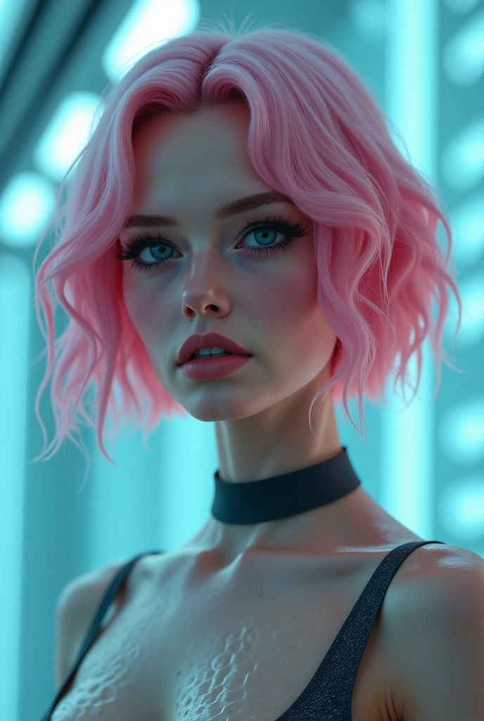 (((ultra realistic))) Photo, masterpiece, top quality, (pale skin), (Ultra detailed face and eyes:1.3), 1 girl, Adult, in a dress, ((Eye makeup, pink mascara)), ((fake detailed lips)), ((Pink волнистые волосы)), ((Stylish hairstyle)) , (Natural breasts), (Slim waist). ((Posing, hands on breast)), photoshoot, (Soft) Lighting, (The play of light and shadows), depth of field, bokeh, (special attention to skin detail: 1.2), Detailed leather texture, skin pores. (Erotic atmosphere of the frame. Color range - purple, Pink, Tons), UDR, ((Film grain)), ((rays)), (Glare), ((waist up portrait)) , ultra detialed, 