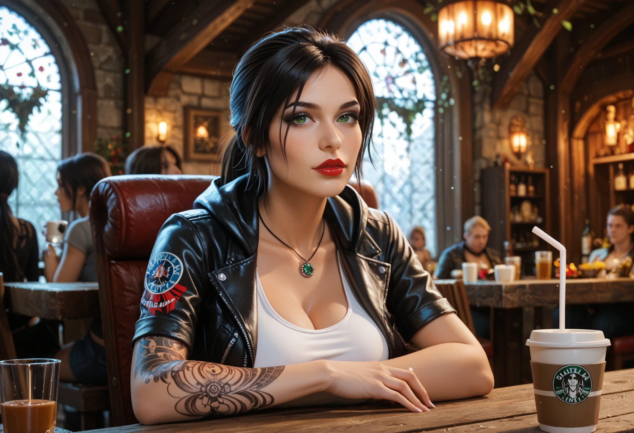 ultra detailed beautiful French woman, Lara Croft from tomb raider cosplay, sit at a table, drinking a coffee in a tavern BREAK wearing a ripped denim jean, a t-shirt and a leather jacket with a hood BREAK ,stunningly beautiful, stylish dark hair with blue streaks, ponytail hair,, green eyes, (red lips and make-up giving her a gothic look ), dark eyeshadow visible on her eyelids and eyeliner on her eyes, very long eyelashes, perfect body covered with tattoos , (dark make-up:1.3), big breast, long legs , seductive pose, light particles, ultra detailed illustration, high definition, very bold and vivid colors, best quality, volumetric lighting,"best quality," masterpiece",ultra realistic, high-quality details