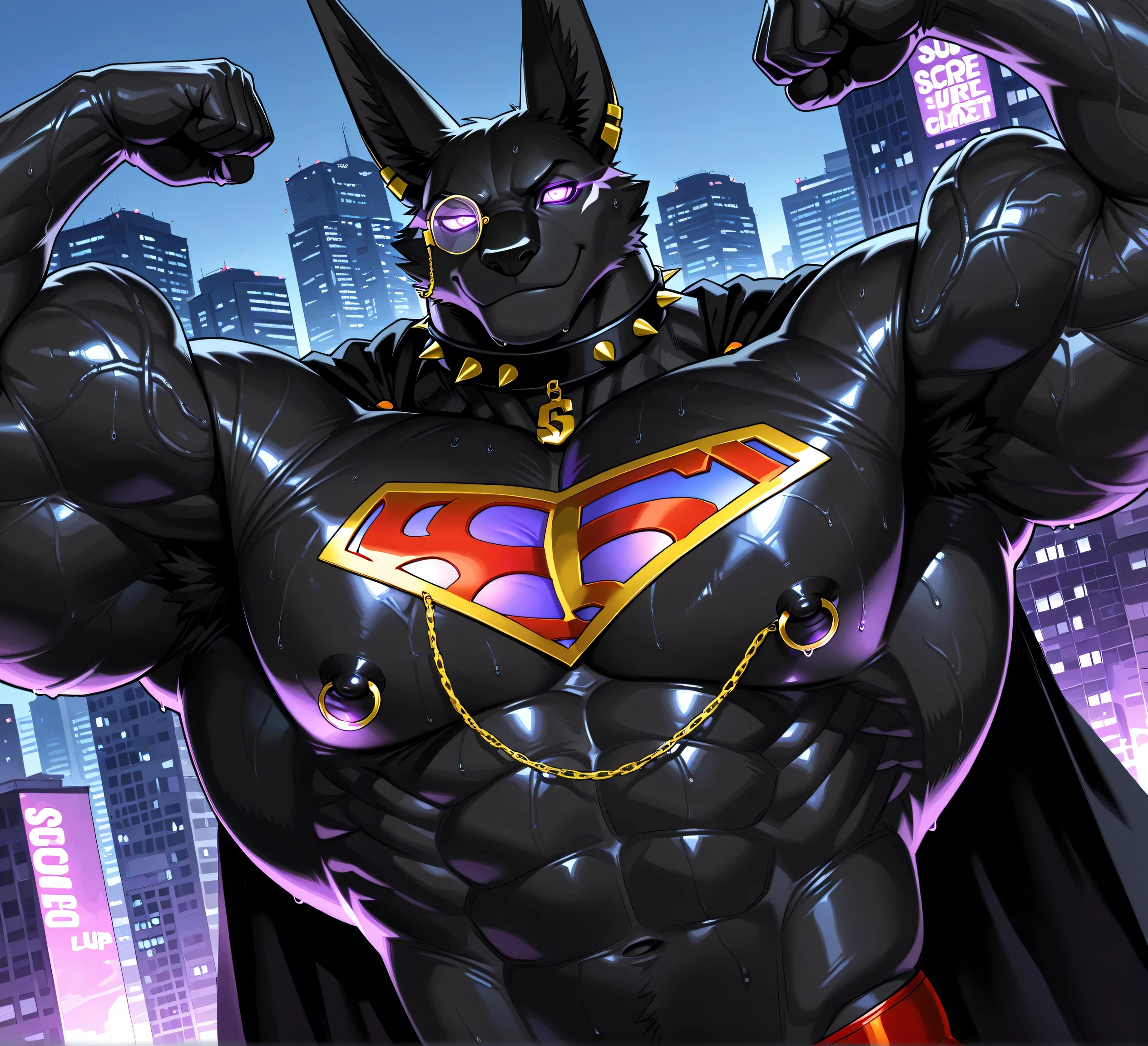 kemono, bara, solo, furry, Anthro, Drew, jackal, black body, male, tail, tall ears, huge muscular, purple glowing eyes, posing, wearing superman outfit, black cape, superman symbol on chest, huge black nipples, golden nipple rings, broad shoulders, broad chest, serious, small smile, looking at flexing arm, wearing gold chains around neck, wearing a spiked collar on his neck, wearing superman outfit, superman symbol on center of chest, black cape, detailed background, topless, bare upper body, sweaty, low view, close up of chest and face, flexing an arm, face turned, dutch angle, macro, city, monocle on right eye, BREAK score_9_up,score_8_up,score_7_up,score_6_up,score_5_up,score_4_up BREAK by null-ghost