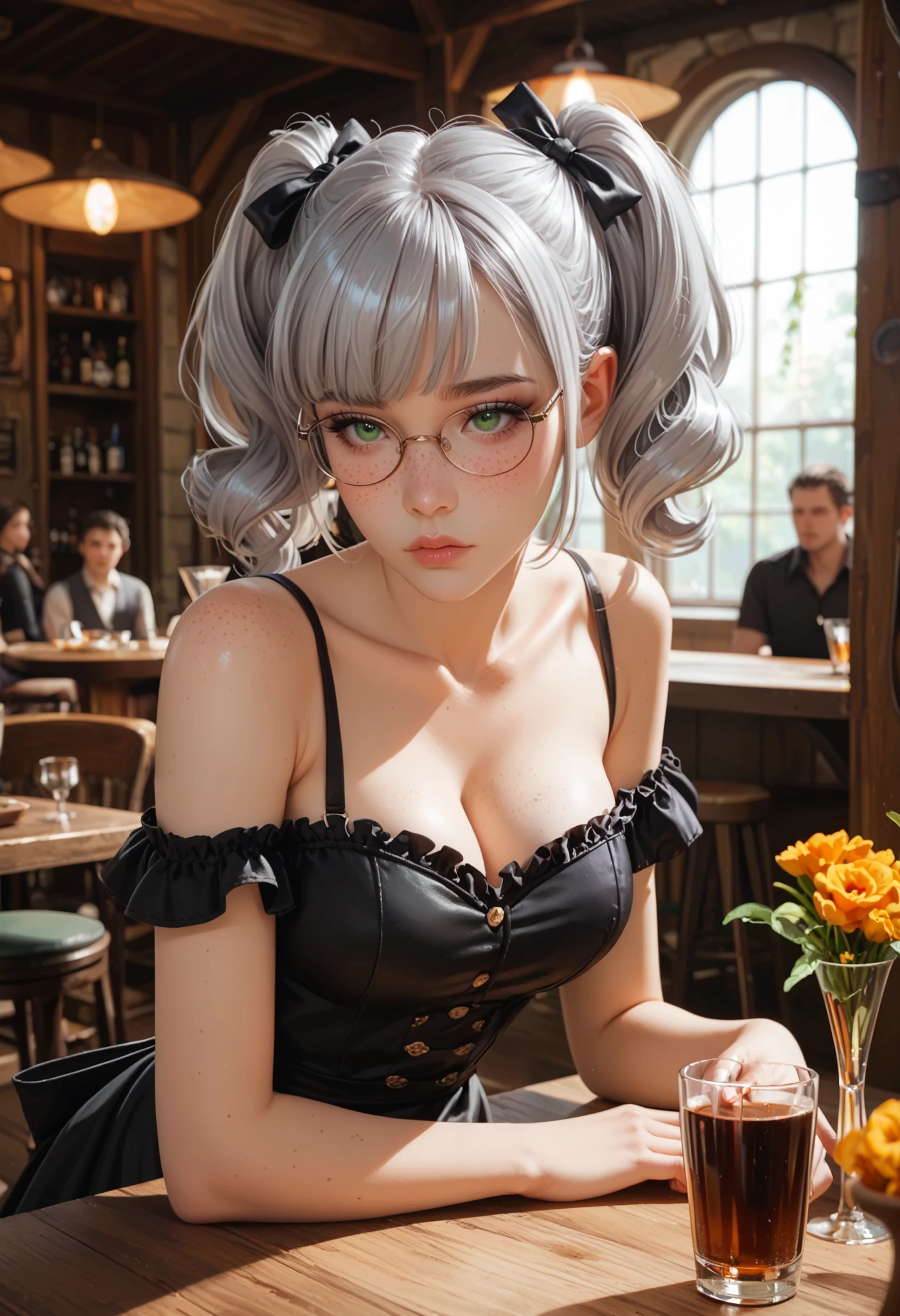 adult woman working in a tavern, tired and resting, bending to put her head on table BREAK wearing a black dress with an apron and pantyhose, glasses BREAK ((darker lips)) ,one bare shoulder, thin lips, kind and soft face, emerald green eyes, Eyeshadows,sexy eyeliner, (freckles) short hair, twintails, ((silver hair)), curved hair, thin waist, big breast, high quality, highly detailed skin