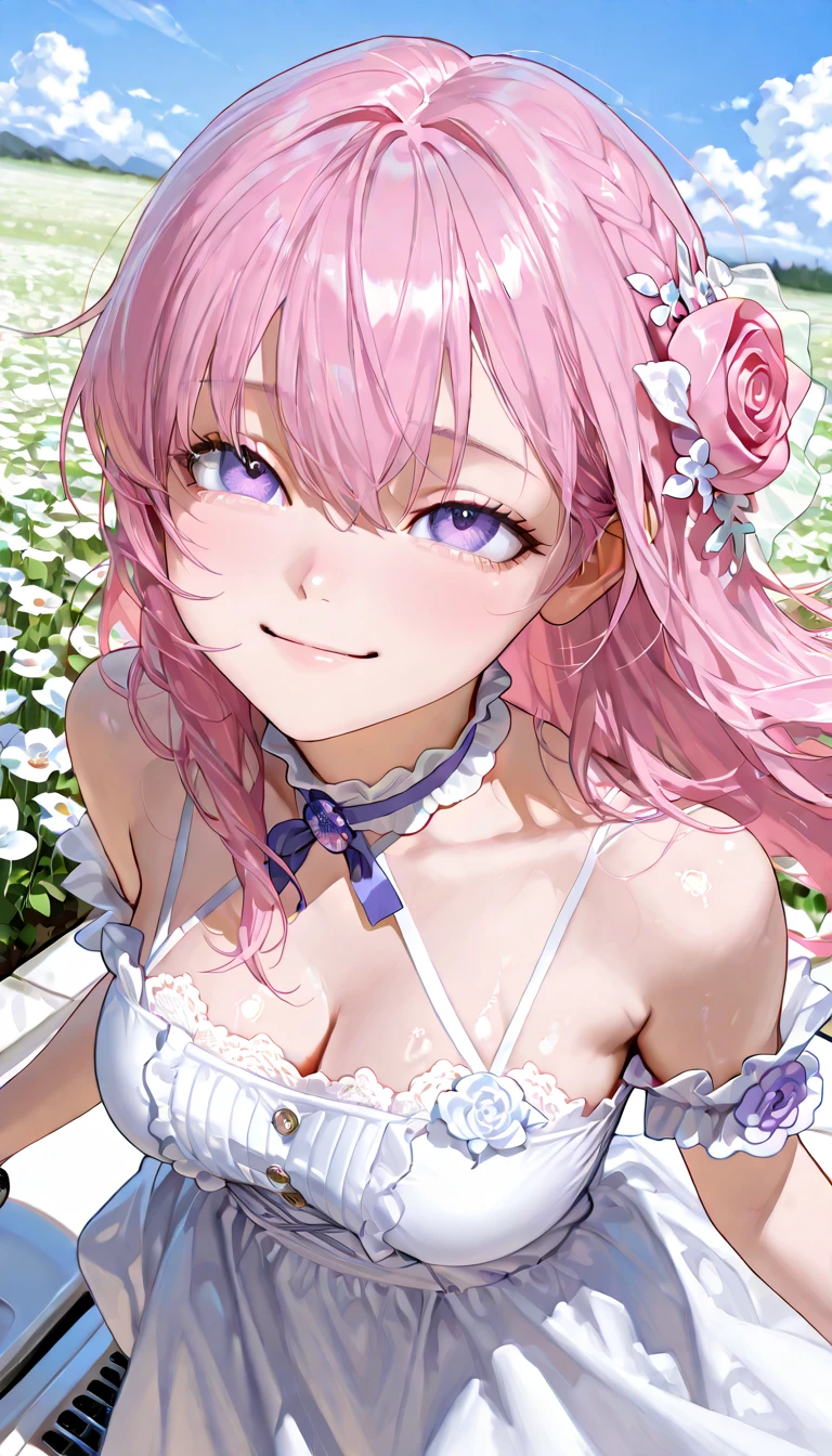 8k, Real Skin Texture, The best light, best shadow, High Resolution, ((top quality)) , (masterpiece)、masterpiece、Ultra-precision painting、uncorrected、top quality, SO BEAUTIFUL, High Definition , ultra detail on squat toilet、photorealistic detail、Ultra HD、 shiny skin、depth of writing, pink long hair 、(corsage to hair )、purple eyes、 white dress made of lace fabric、medium breasts , blue sky、pink色で長い髪のWoman walking through a field of flowers, Hair swaying in the wind、Flowing hair、cloud、outdoor、 Wide flower field、Woman walking through a field of flowers、(from above , angle from above、smile , face focus , upper body)、cloudり空、looking up at the sky