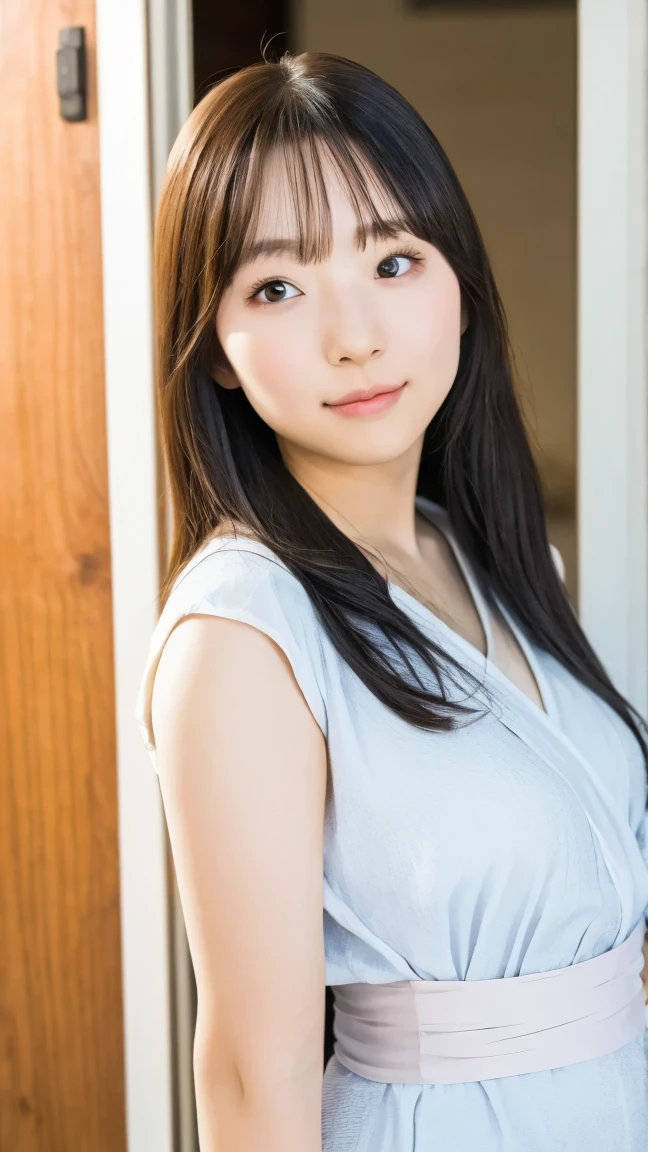 Everything modern:1.66, Cute Japanese Women Photos, smile, 20-year-old, Oil and hair palm for one-length straight hair:1.55, (photo Realistic:1.4), (hyper Realistic:1.4), (Realistic:1.3), (Smoother lighting:1.05), (Improving the quality of cinema lighting:0.9), 32K, 1 girl,20-year-oldの女の子, Realistic lighting, Backlight, The light shines on your face, Ray Tracing, (Bright light:1.2), (Improvement of quality:1.4), (Highest quality Realistic textured skin:1.4), fine grain, Detailed face,(smile:1.0), (Emphasis on face close-up:1.3), (Enhances the beauty of skin texture:1.1),((Extremely precise and accurate anatomy:1.0)), (Enhances the beauty of skin texture:1.1), Clean and glowing skin, mesh, thin:1.2, (Realistic:1.3), Realisticなライティング, (Smoother lighting:1.05), 32K, One Japanese woman, fine grain, Detailed face, (Film Grain:1.1),(Accentuates body lines:1.1), High resolution, Natural look, Kind eyes, Improves hair quality, Delicate light and shadow, Transparent muscles, Graceful pose, Beautiful Eyes, Sharp details, Soft light reflection, Beautiful contours, Delicate skin tone, Fine hair texture,Cute Japanese Women Photos,