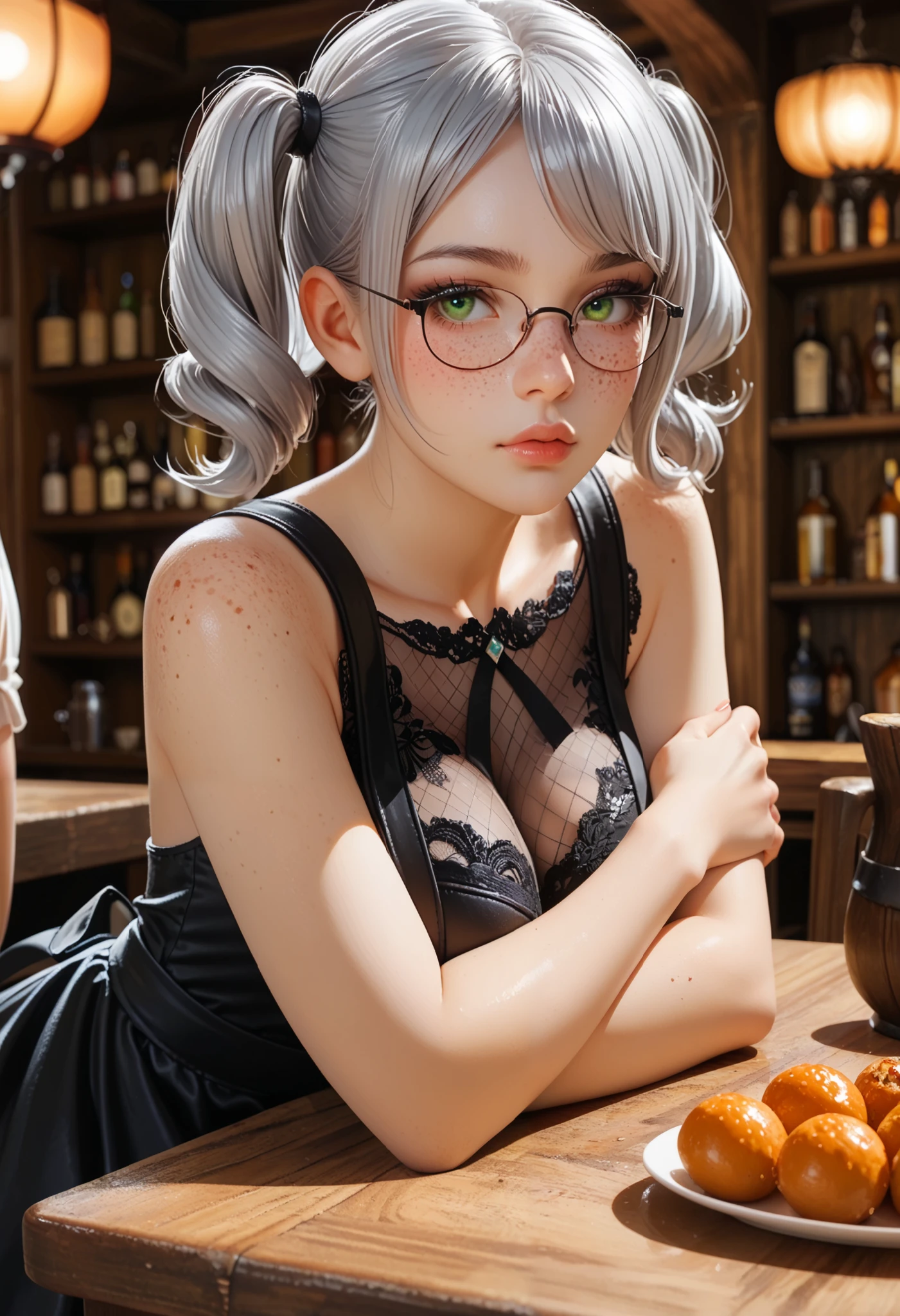 adult woman working in a tavern, ((sit at table, crossed arms on table, head on table)), side view BREAK wearing a black dress with an apron and pantyhose, glasses BREAK ((darker lips)) ,one bare shoulder, thin lips, kind and soft face, emerald green eyes, Eyeshadows,sexy eyeliner, (freckles) short hair, twintails, ((silver hair)), curved hair, thin waist, big breast, high quality, highly detailed skin
