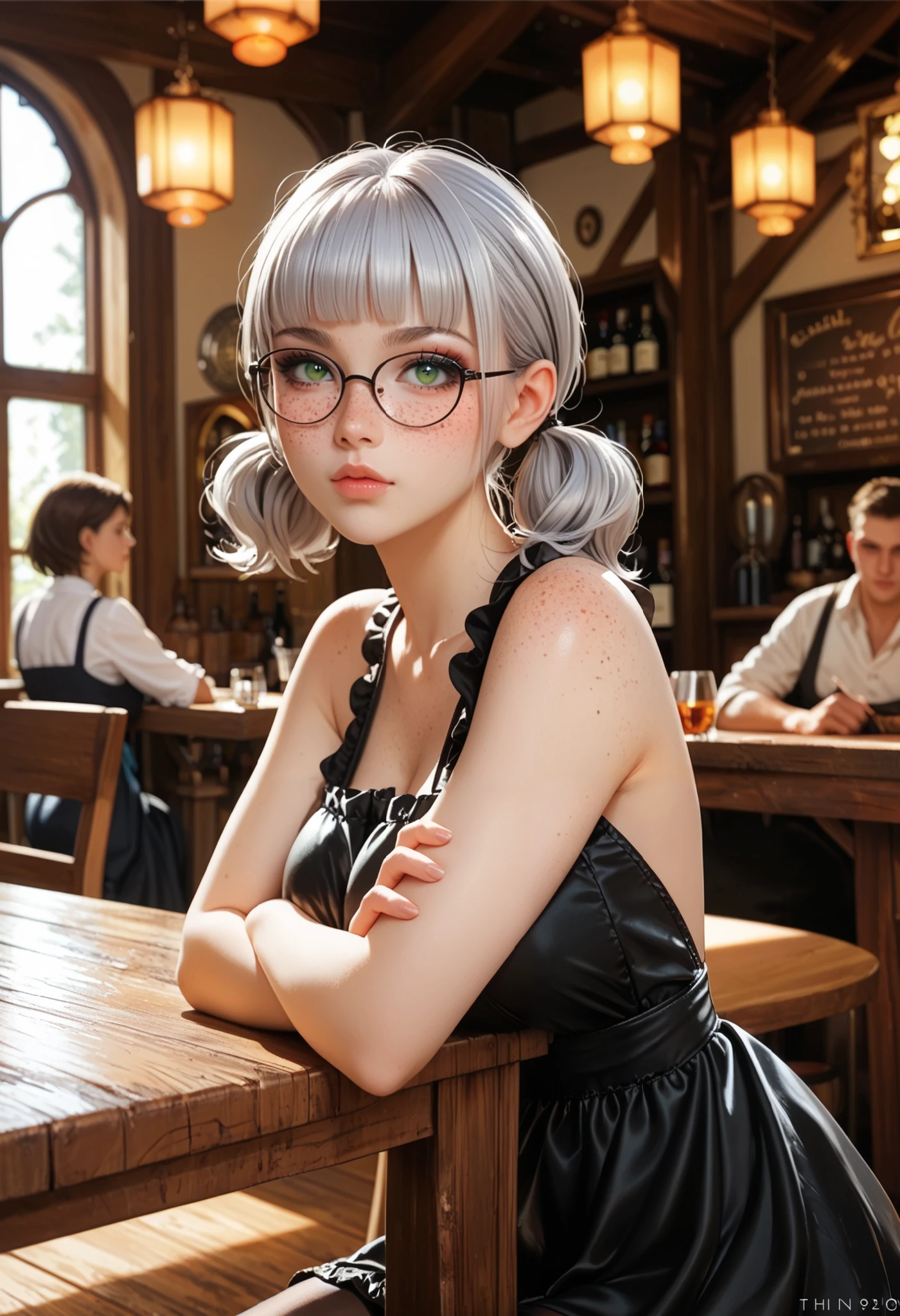 adult woman working in a tavern, ((sit at table, crossed arms on table, head on table)), side view BREAK wearing a black dress with an apron and pantyhose, glasses BREAK ((darker lips)) ,one bare shoulder, thin lips, kind and soft face, emerald green eyes, Eyeshadows,sexy eyeliner, (freckles) short hair, twintails, ((silver hair)), curved hair, thin waist, big breast, high quality, highly detailed skin
