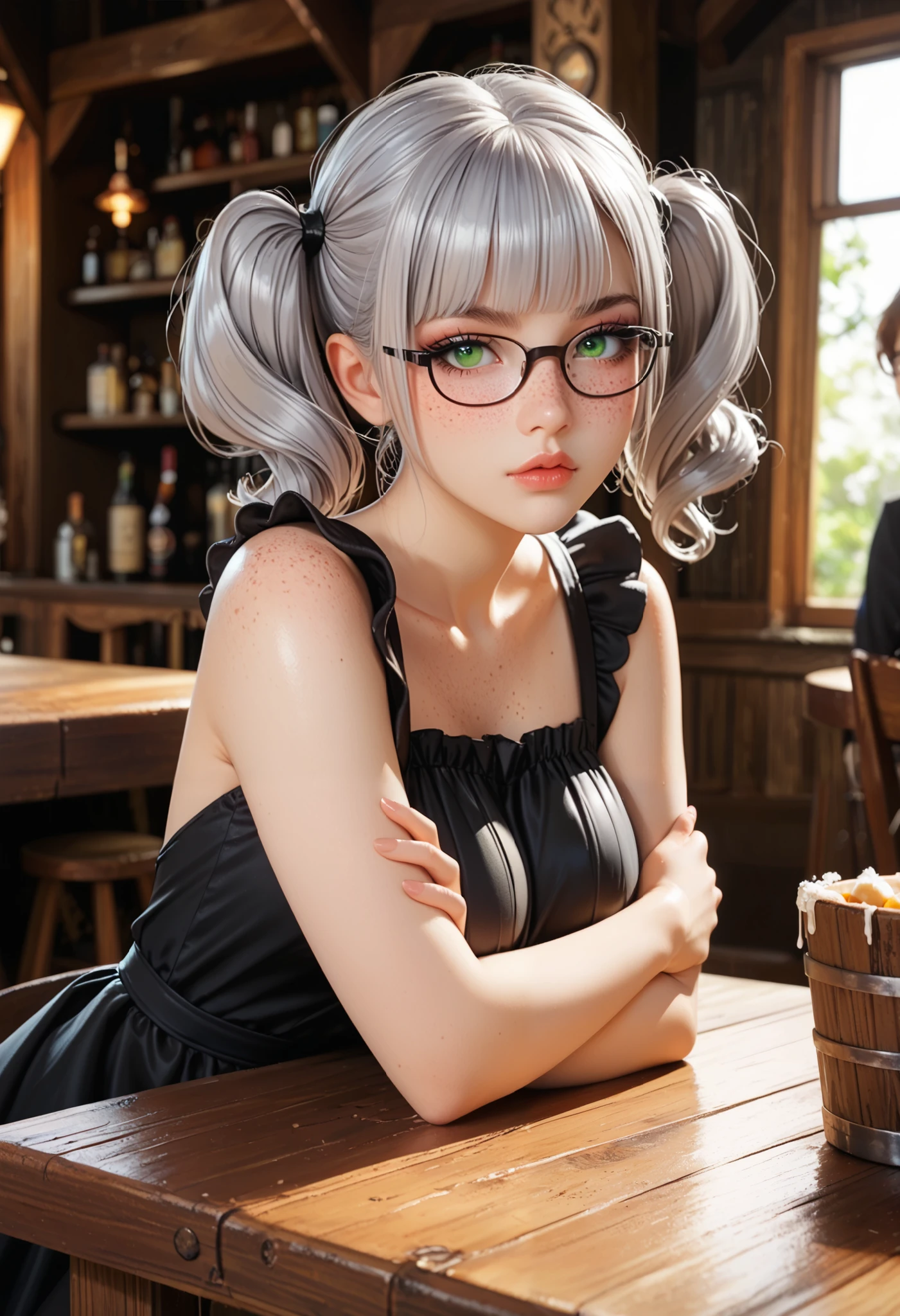 adult woman working in a tavern, ((sit at table, crossed arms on table, head on table)), side view BREAK wearing a black dress with an apron and pantyhose, glasses BREAK ((darker lips)) ,one bare shoulder, thin lips, kind and soft face, emerald green eyes, Eyeshadows,sexy eyeliner, (freckles) short hair, twintails, ((silver hair)), curved hair, thin waist, big breast, high quality, highly detailed skin