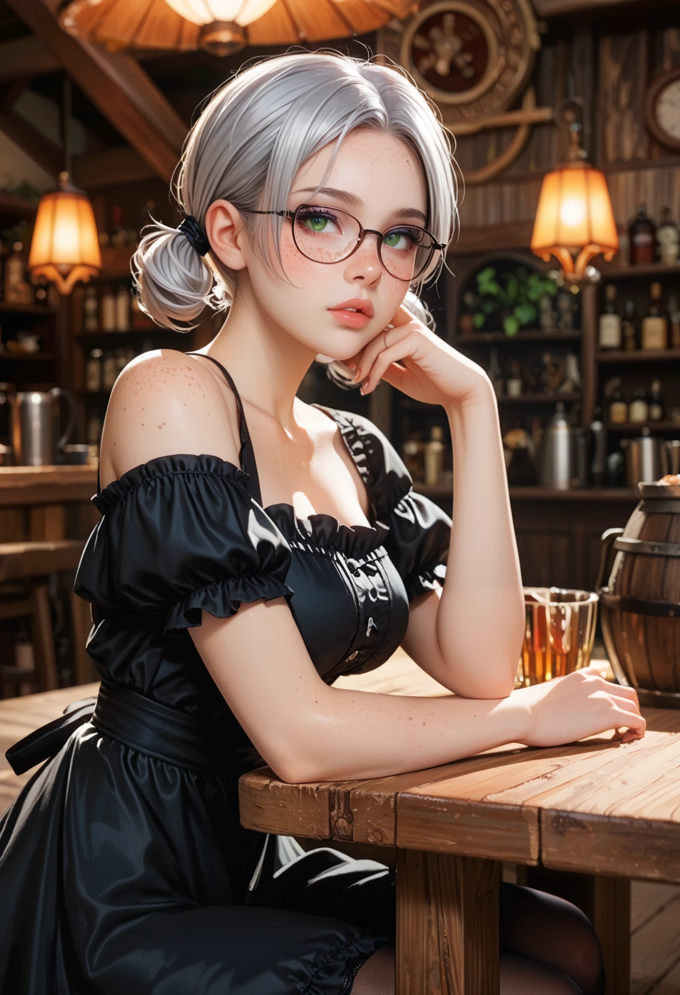 adult woman working in a tavern, ((sit at table, resting with head on arms)), side view BREAK wearing a black dress with an apron and pantyhose, glasses BREAK ((darker lips)) ,one bare shoulder, thin lips, kind and soft face, emerald green eyes, Eyeshadows,sexy eyeliner, (freckles) short hair, twintails, ((silver hair)), curved hair, thin waist, big breast, high quality, highly detailed skin