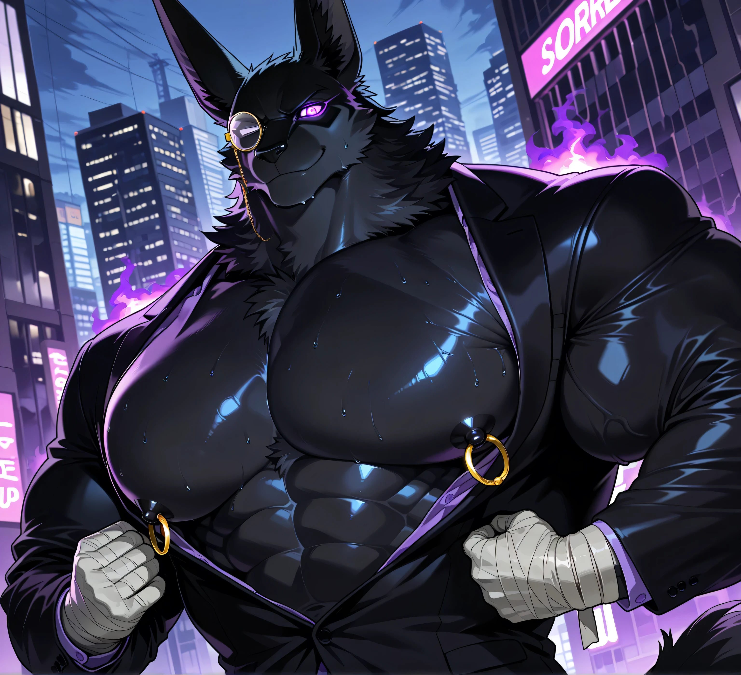 kemono, bara, solo, furry, Anthro, Drew, jackal, black body, male, tail, tall ears, huge muscular, purple glowing eyes, posing, huge black nipples, golden nipple rings, broad shoulders, broad chest, serious, small smile, looking at flexing arm, detailed background, suit, fluffy neck, bandages, black fur, gold ears, bare upper body, sweaty, low view, close up of chest and face, flexing an arm, face turned, dutch angle, macro, city, monocle on right eye, BREAK score_9_up,score_8_up,score_7_up,score_6_up,score_5_up,score_4_up BREAK by null-ghost