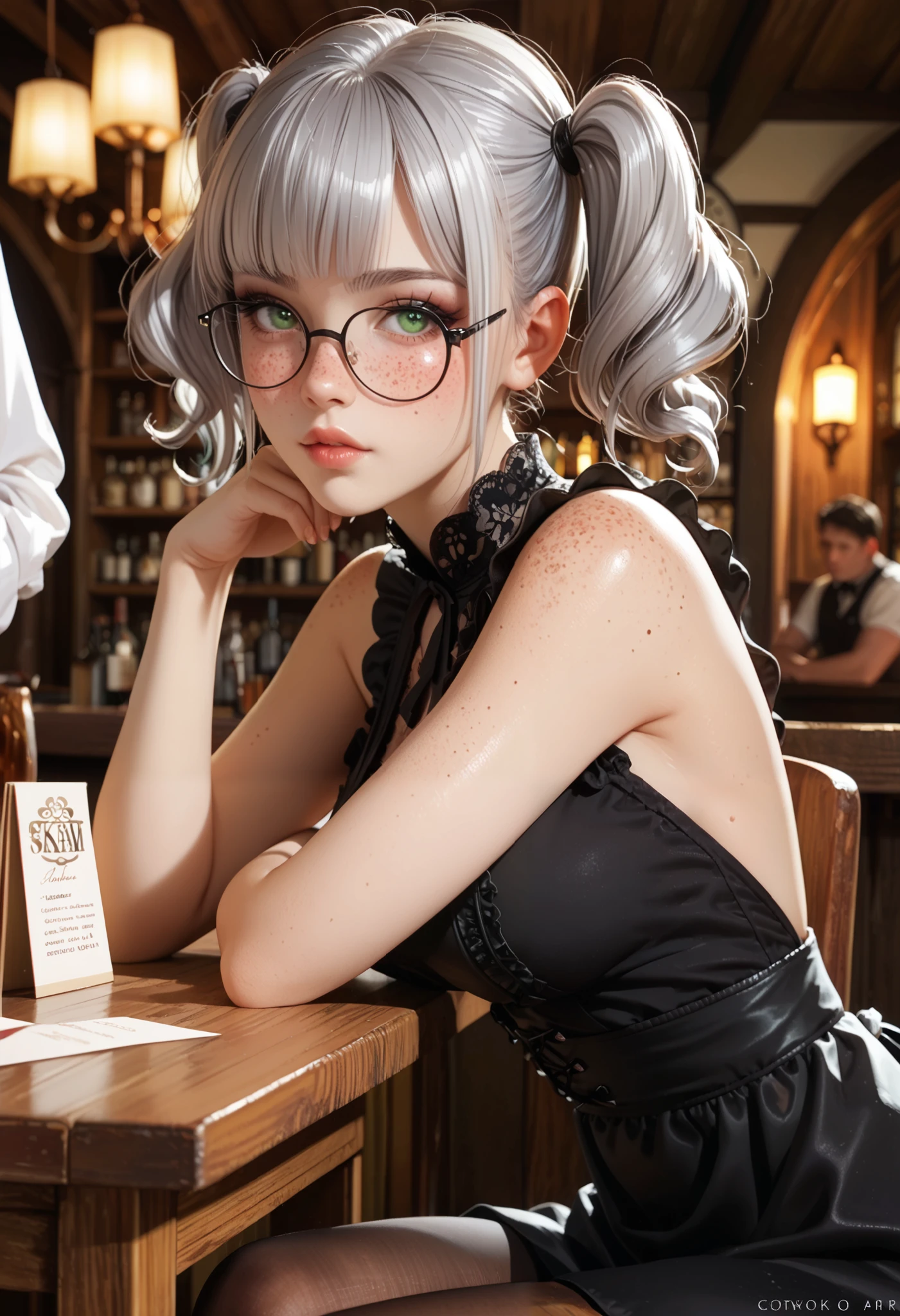 adult woman working in a tavern, ((sit at table, resting with  head on arms)), side view BREAK wearing a black dress with an apron and pantyhose, glasses BREAK ((darker lips)) ,one bare shoulder, thin lips, kind and soft face, emerald green eyes, Eyeshadows,sexy eyeliner, (freckles) short hair, twintails, ((silver hair)), curved hair, thin waist, big breast, high quality, highly detailed skin

