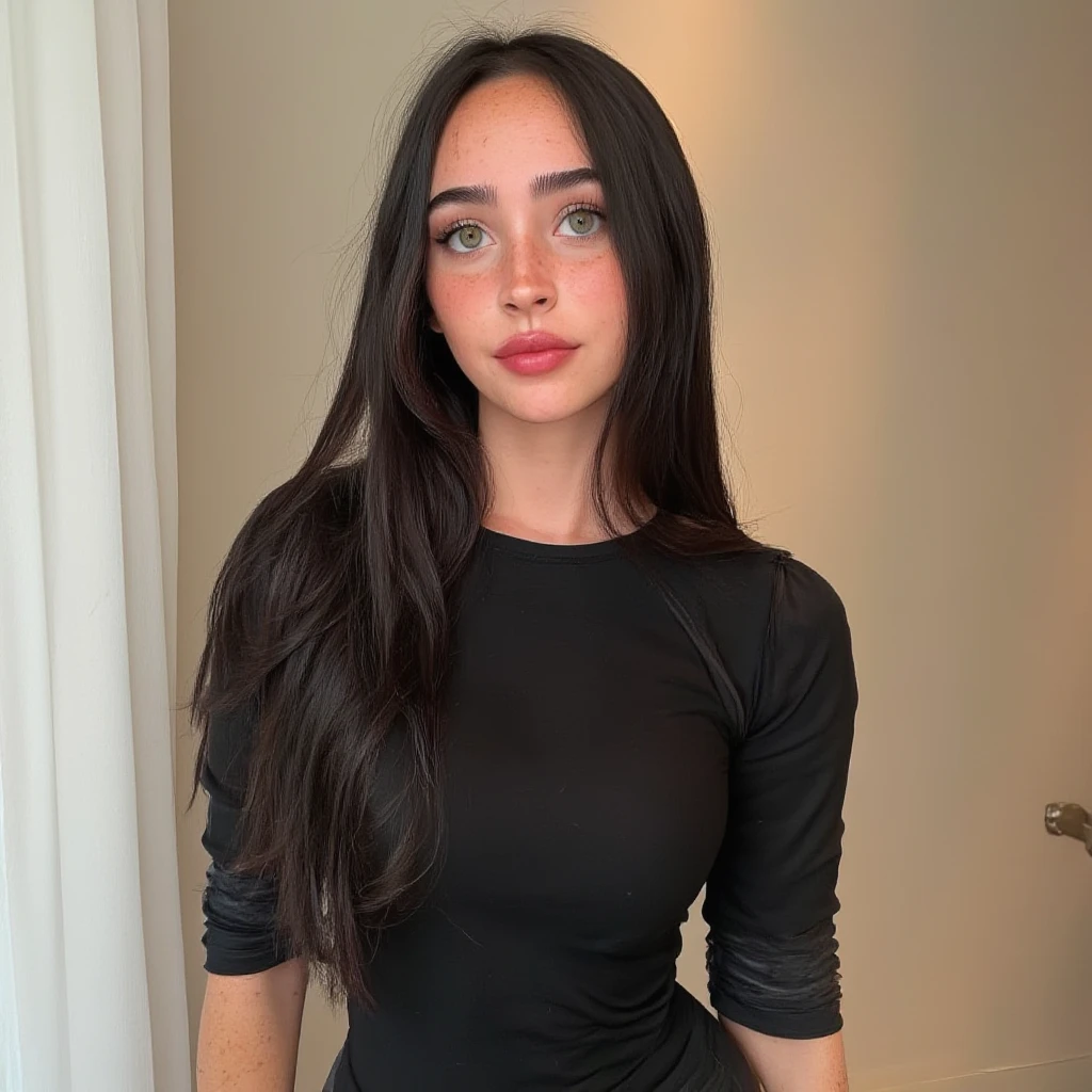 ((best quality)), ((masterpiece)), (detailed), perfect face realistic photo of beautiful woman with long dark brown hair, Russian, influencer, light freckles, dark brown eyes, big lips, no makeup, instagram, in a black dress posing for a picture, instagram, with sparkling gems on top, 👅 👅, wearing a cocktail dress, high quality detail, white and black, black matte finish, best selling, elegant fabric, elegant corset, long dress female, black and silver, black and brown, sleeveless, business attire, maid dress, dainty, nice