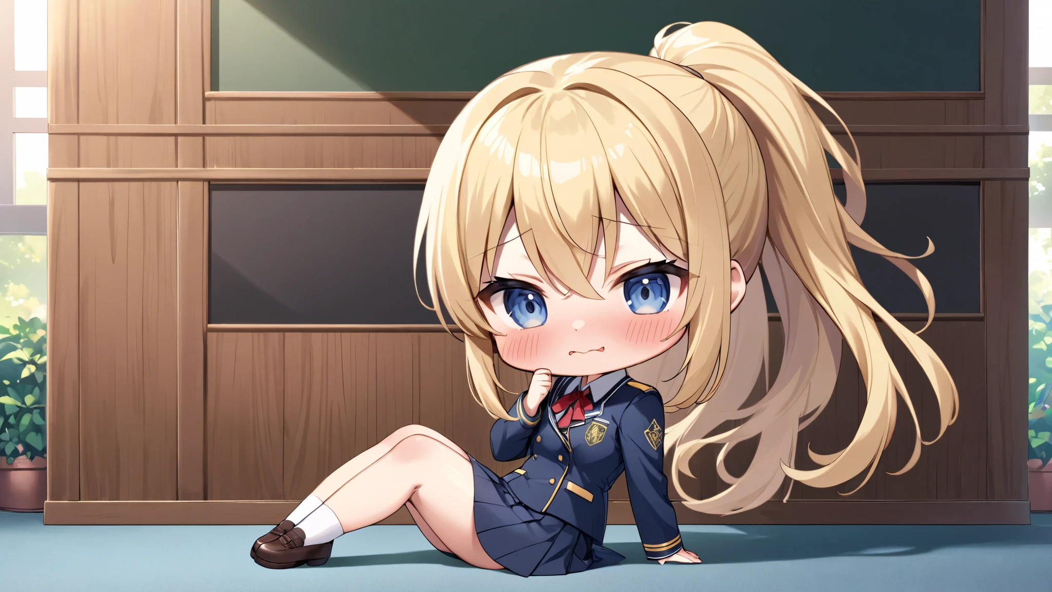 anime girl, Blonde Goddess, beautiful attractive anime female uniform, high school student, alone, from the front, ponytail, embarrassed expression, chibi, is sitting holding her knees, One arm raised up