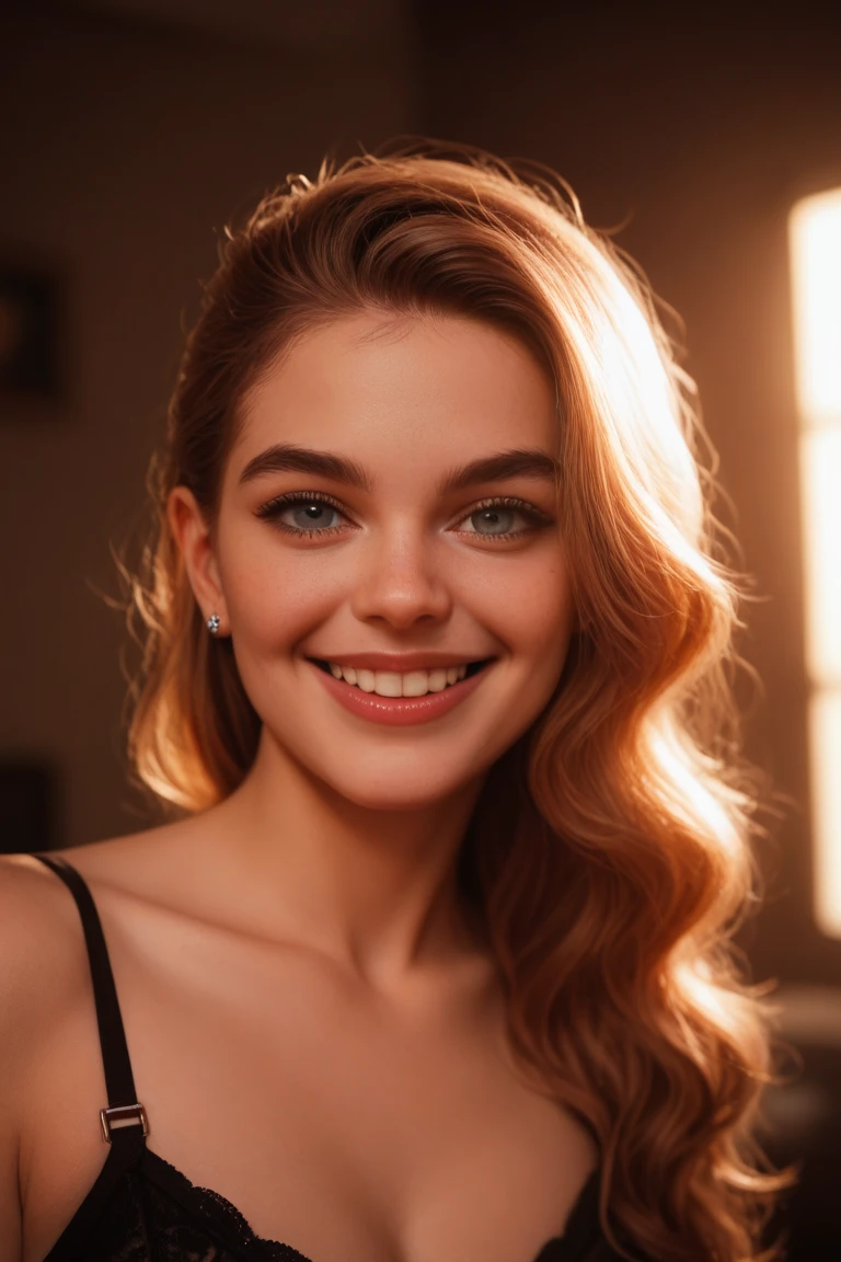 Gorgeous portrait of an older Spanish woman, long wavy hair, bright red lips, black eye shadow, charming smile, deep neckline, cafe, eye contact, looking at viewer, masterpiece, best quality, perfect detail, perfect face detail, perfect eye detail , perfect skin detail, depth of field, perfect lighting