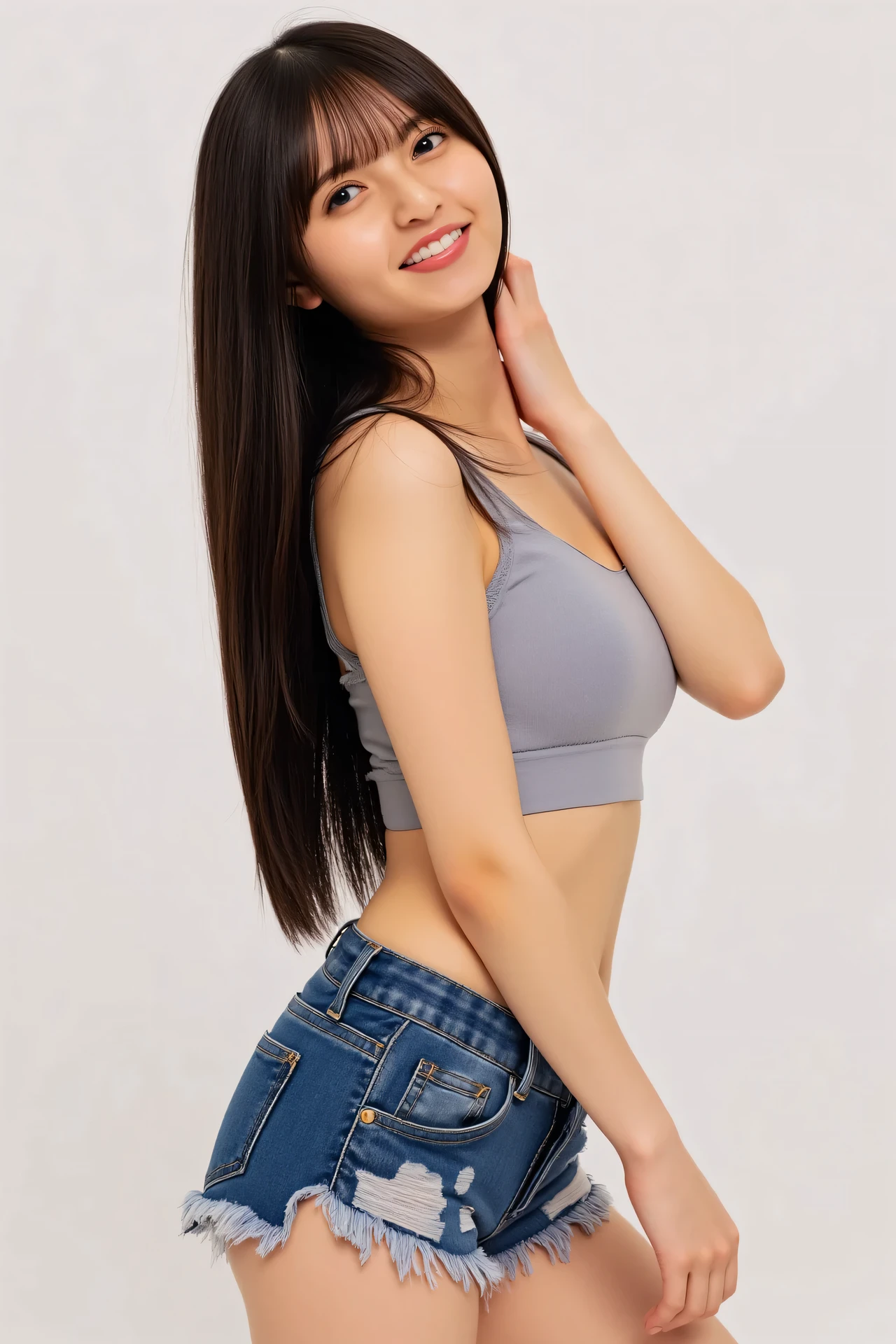 ((( High Resolution , top quality, very well detailed, masterpiece , highly detailed photos , realistic , Real people , Ultra precise skin ))) , , ( from the front ) , full body , Advance Shot , Viewer , ( giggle face ) , { wearing the sports bra and short-denim : 1.8 } , black hair , medium hair , medium breasts , { lying on one’s back, from side : 1.8 } , the dark hours of dawn , (( tuck hair behind the ear : 1.8)) , { nsfw },