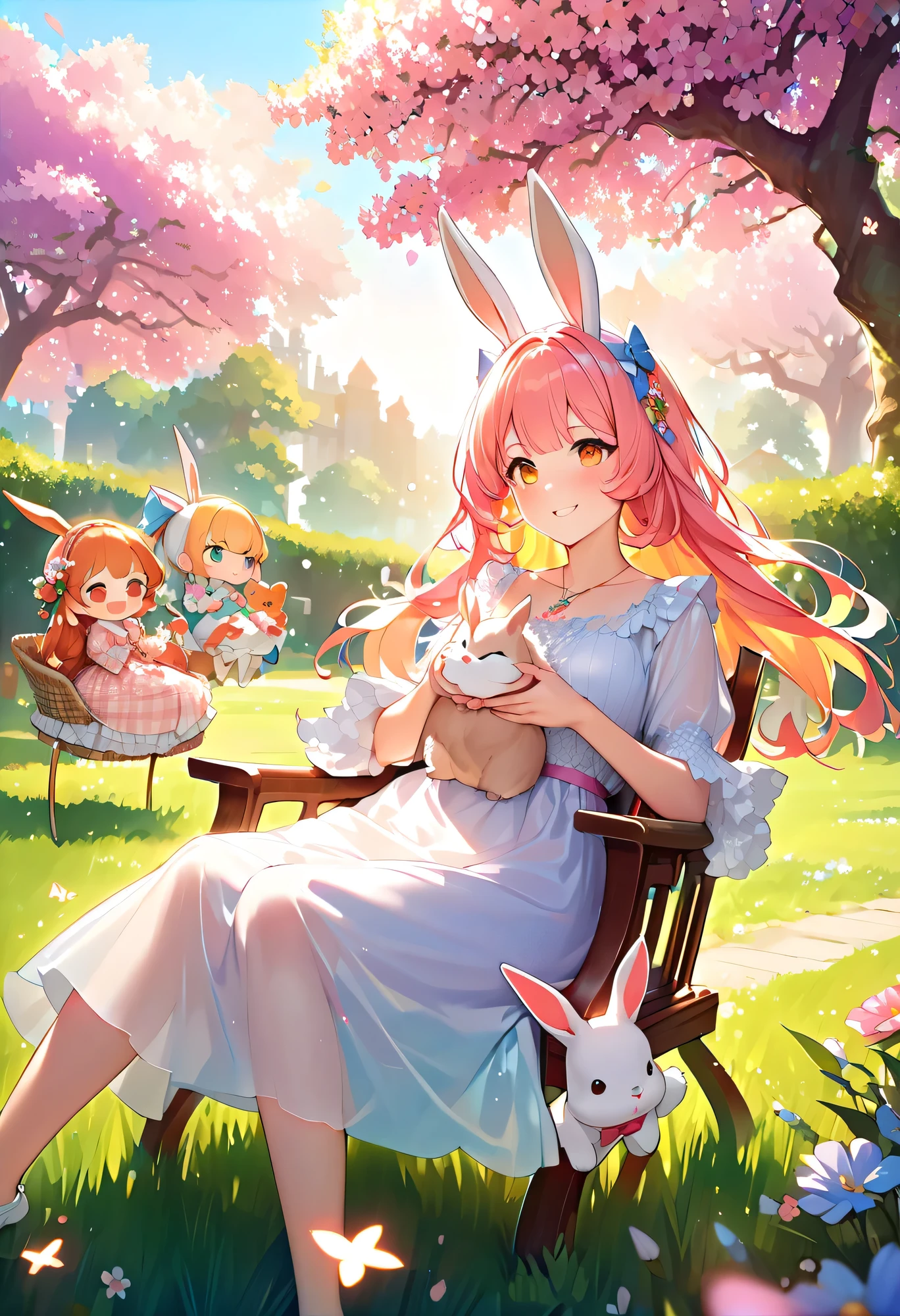 top quality、High Resolution、(high image quality during sick leave:1.4)、masterpiece、Detailed Background、(Highly Detailed Faces:1.3)、detailed eyes、age beauty、(Normal number of fingers:1.2)、anatomically correct、relax at a spring park、cute and fantasy-like atmosphere、On a fluffy lawn、skirt swings in the spring breeze、
(A fairytale scene where the spring sun shines brightly illuminates her hair {x} Girl poses while gently stroking a little rabbit that sits on her lap:1.5)、
smile with a bow、girl smiles in a begging pose、girl smiles like cat hands、cross your hands in front of your chest、mini skirt with a pink plaid pattern with a fluffy, spreading silhouette、
puppy flips its tail Jumping while small、white frill blouse with slightly bulging sleeves、white sneakers with lace、loose, fluffy twin tail with ribbon、small animal motif necklace、cute