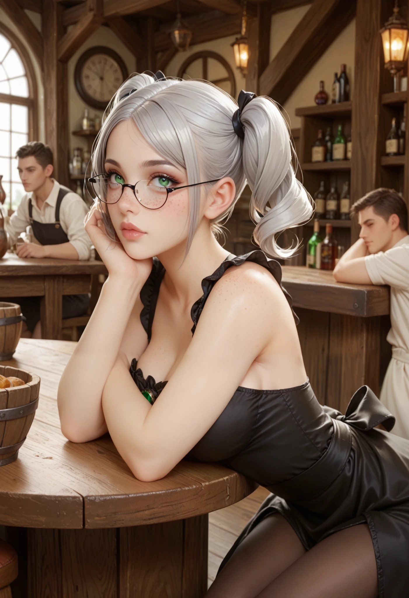 adult woman working in a tavern, ((sit at table, bending over the table, resting with head on arms)), side view BREAK wearing a black dress with an apron and pantyhose, glasses BREAK ((darker lips)) ,one bare shoulder, thin lips, kind and soft face, emerald green eyes, Eyeshadows,sexy eyeliner, (freckles) short hair, twintails, ((silver hair)), curved hair, thin waist, big breast, high quality, highly detailed skin