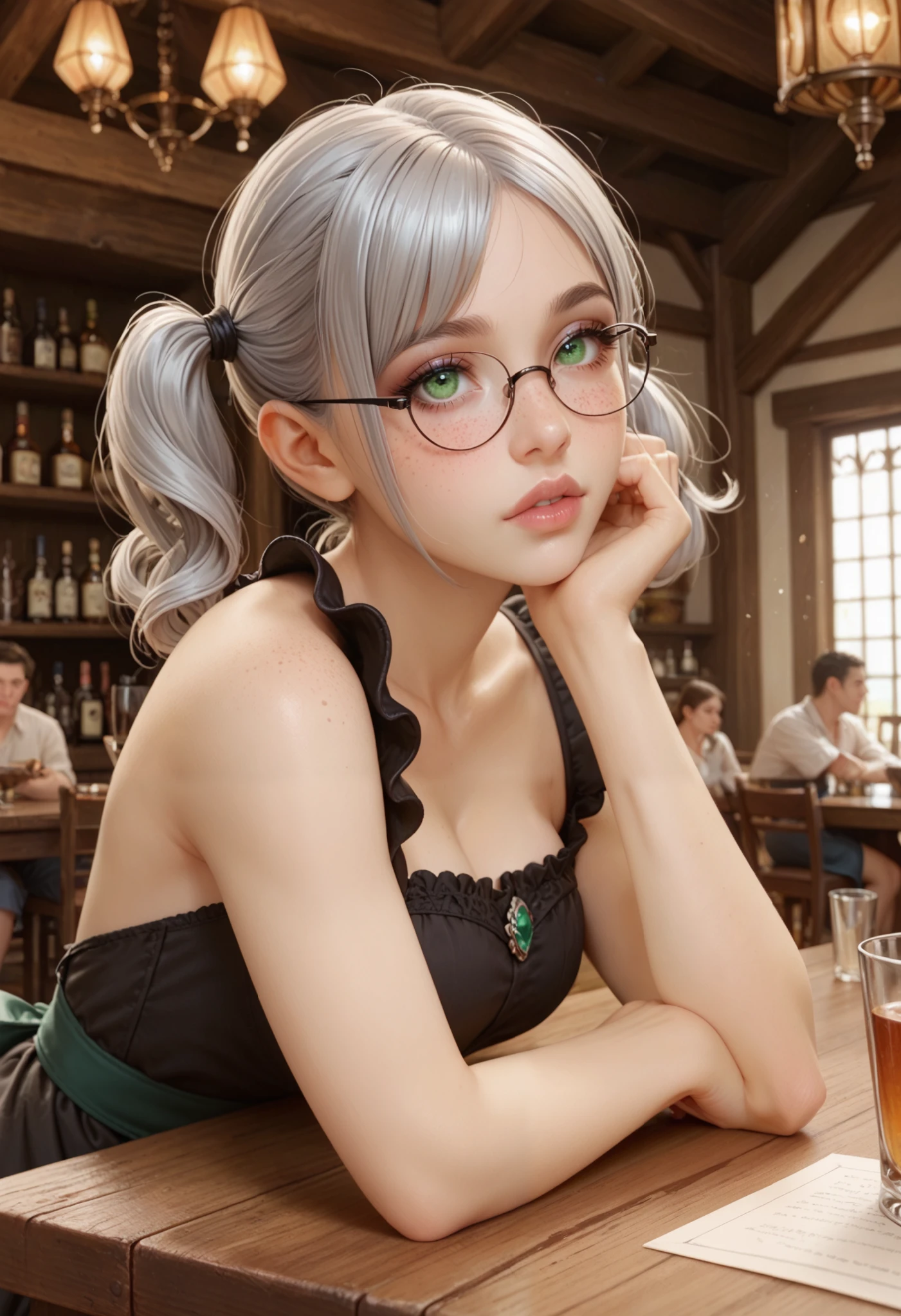 adult woman working in a tavern, ((sit at table, bending over the table, resting with head on arms)), side view BREAK wearing a black dress with an apron and pantyhose, glasses BREAK ((darker lips)) ,one bare shoulder, thin lips, kind and soft face, emerald green eyes, Eyeshadows,sexy eyeliner, (freckles) short hair, twintails, ((silver hair)), curved hair, thin waist, big breast, high quality, highly detailed skin
