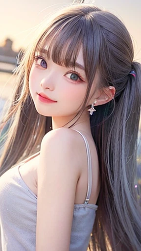 Small breasts、(high quality, masterpiece), One Girl, Twin tails、stop temporarily, particle, Wind, flower, Upper Body, Simple Background, View your audience, , milky way,smile、Turquoise Eyes、(Long silver and light blue hair)、Blue eyeshadow、薄いpinkの口紅、flower柄、pinkセクシーロリータ、(pink、Lace top painted on sanctions)、Cute earrings、Wind、blue sky、Dynamic pose、Looking up at the sky、Thick thighs、Big Ass