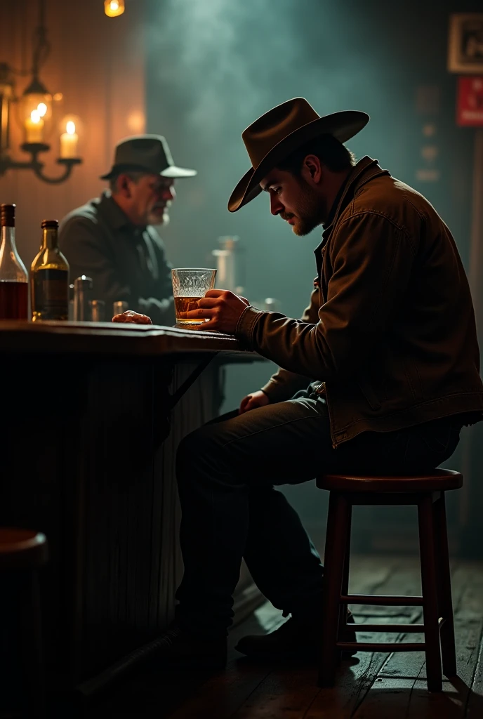 Drunk cowboy with many bottles of whiskey lying on the bar table