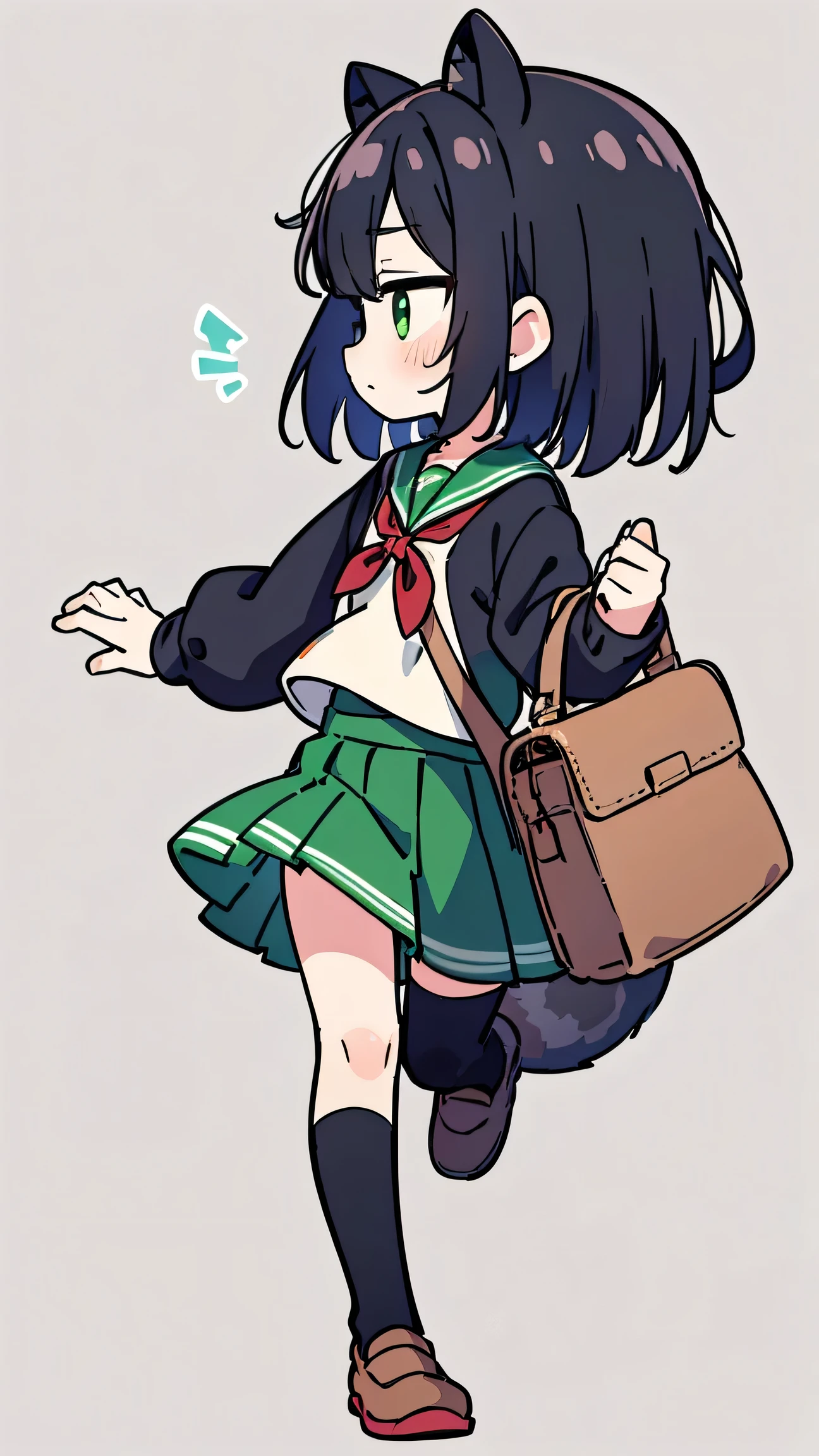 anime style、 woman、 Raccoon Ears、Raccoon Tail、 black hair、 green eyes、 short hair、 Green Sailor Suit、red ribbon、long skirt、knee-high、simple background、 is running on the right hand、 bag、dash、Profile