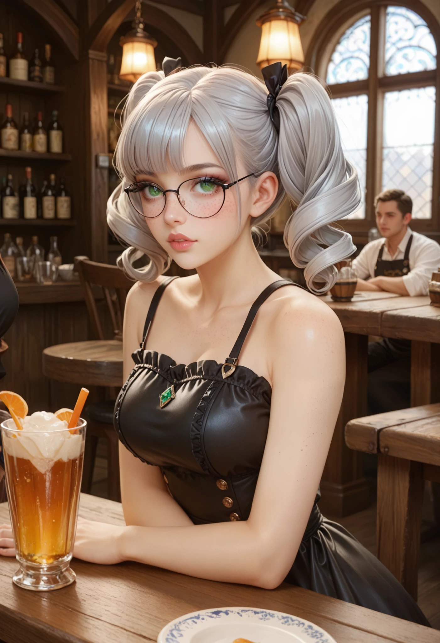 adult woman working in a tavern, ((sit at table, leaning with head on arms)), side view BREAK wearing a black dress with an apron and pantyhose, glasses BREAK ((darker lips)) ,one bare shoulder, thin lips, kind and soft face, emerald green eyes, Eyeshadows,sexy eyeliner, (freckles) short hair, twintails, ((silver hair)), curved hair, thin waist, big breast, high quality, highly detailed skin