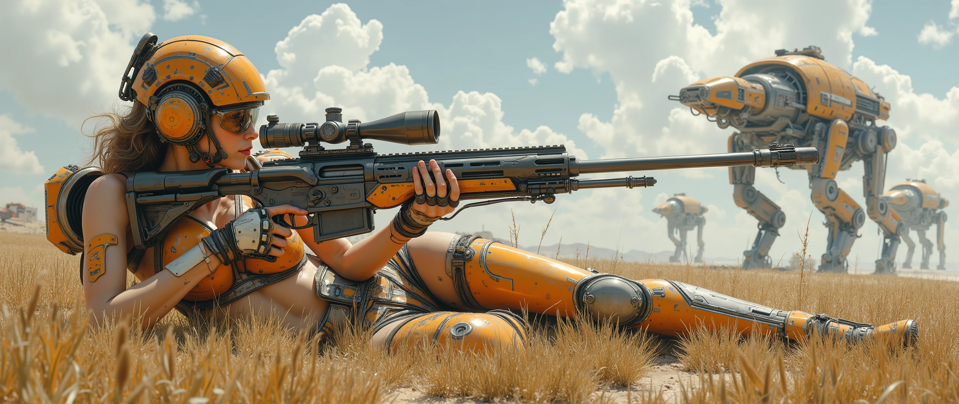 epic oil painting , 16 thousand., photo quality, The fantasy zone , with a scrupulous drawing of all the small details, 10000 years , , incredible detail with thousands of small details , an elegant and fragile sniper girl lies on her stomach in the grass in the incredibly high-tech armor of the future without pants and, putting her ass on display, aims at the high-tech sniper scope of her large-caliber electromagnetic hand gun , woman laying on her side presenting ass in skintight pants, lies head off camera and booty against camera, mechanical robots walking combat mechs are in the background,