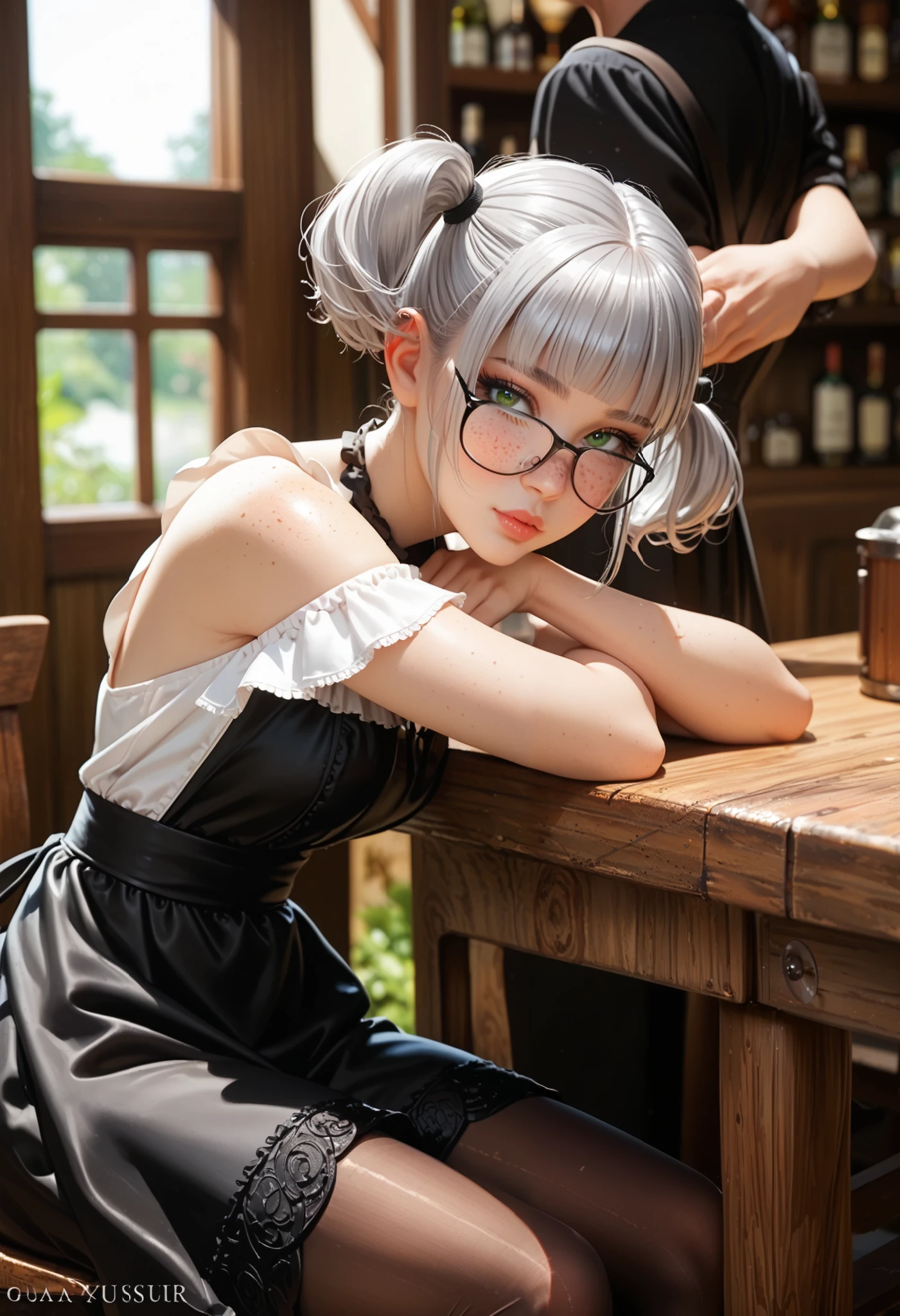 adult woman working in a tavern, ((sit at table, bending over the table, resting with head on arms)), side view BREAK wearing a black dress with an apron and pantyhose, glasses BREAK ((darker lips)) ,one bare shoulder, thin lips, kind and soft face, emerald green eyes, Eyeshadows,sexy eyeliner, (freckles) short hair, twintails, ((silver hair)), curved hair, thin waist, big breast, high quality, highly detailed skin