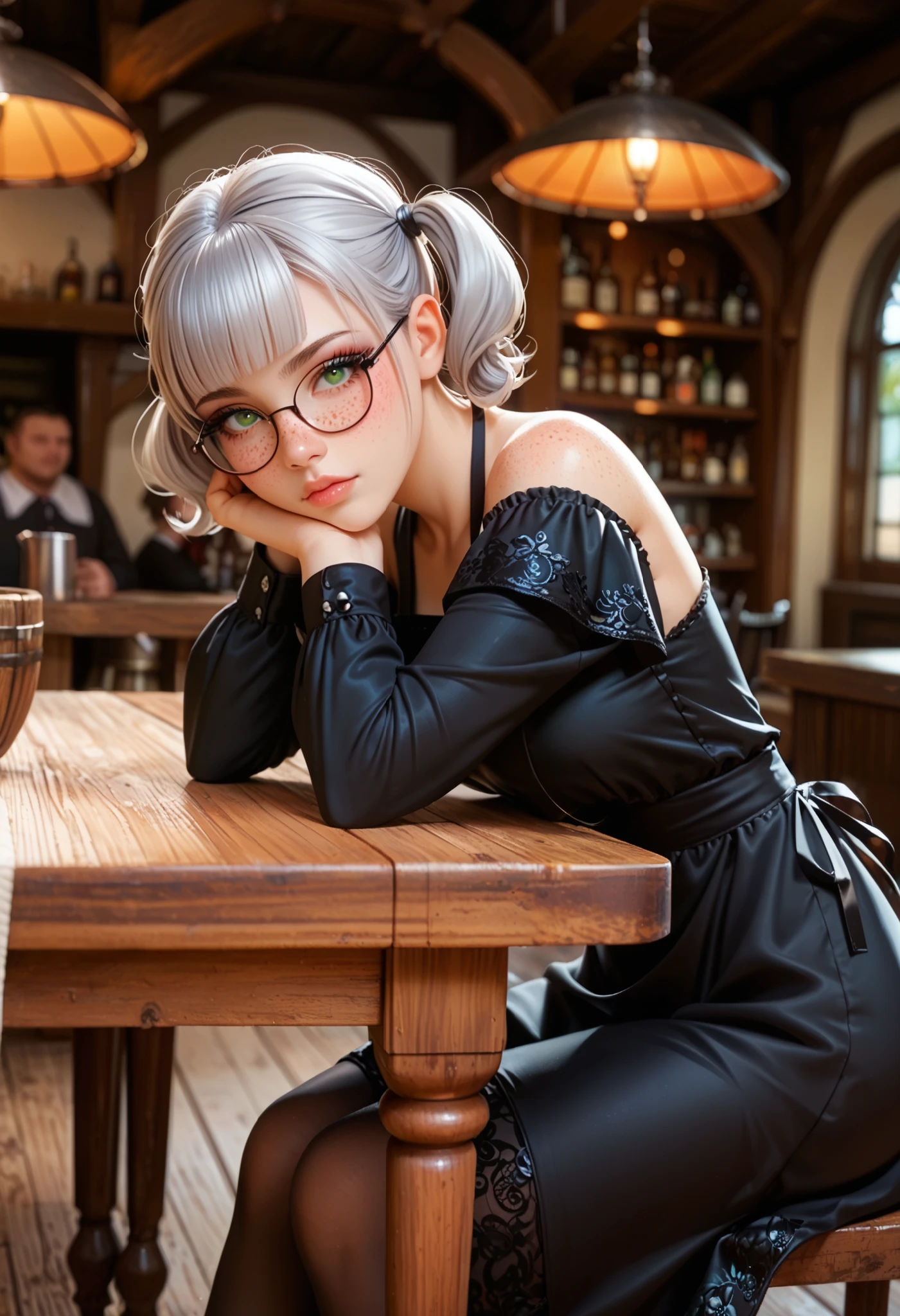 adult woman working in a tavern, ((sit at table, bending over the table, resting with head on arms)), side view BREAK wearing a black dress with an apron and pantyhose, glasses BREAK ((darker lips)) ,one bare shoulder, thin lips, kind and soft face, emerald green eyes, Eyeshadows,sexy eyeliner, (freckles) short hair, twintails, ((silver hair)), curved hair, thin waist, big breast, high quality, highly detailed skin
