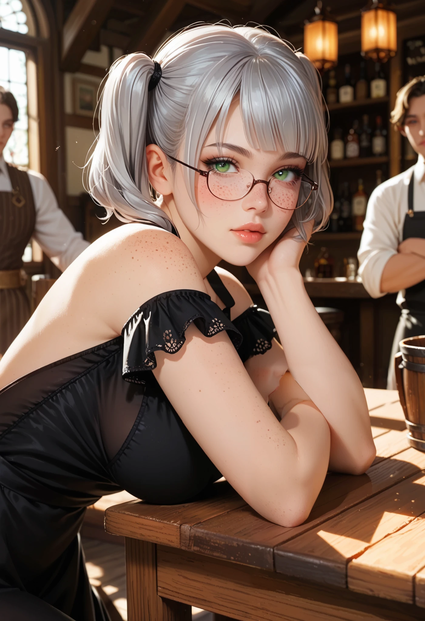 adult woman working in a tavern, ((sit at table, bending over the table, resting with head on arms)), side view BREAK wearing a black dress with an apron and pantyhose, glasses BREAK ((darker lips)) ,one bare shoulder, thin lips, kind and soft face, emerald green eyes, Eyeshadows,sexy eyeliner, (freckles) short hair, twintails, ((silver hair)), curved hair, thin waist, big breast, high quality, highly detailed skin