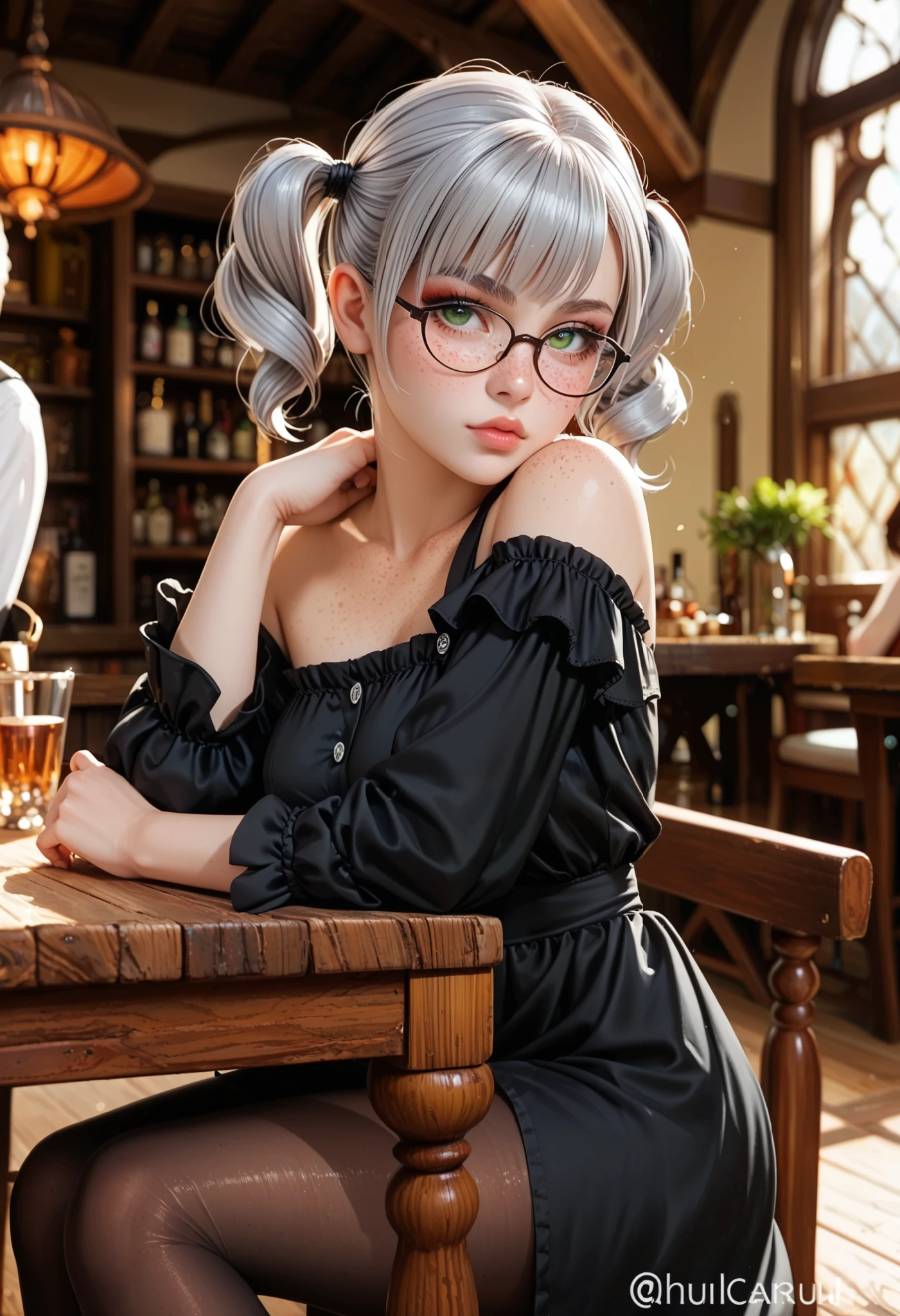 adult woman working in a tavern, ((sit at table, bending over the table, resting with head on arms)), side view BREAK wearing a black dress with an apron and pantyhose, glasses BREAK ((darker lips)) ,one bare shoulder, thin lips, kind and soft face, emerald green eyes, Eyeshadows,sexy eyeliner, (freckles) short hair, twintails, ((silver hair)), curved hair, thin waist, big breast, high quality, highly detailed skin
