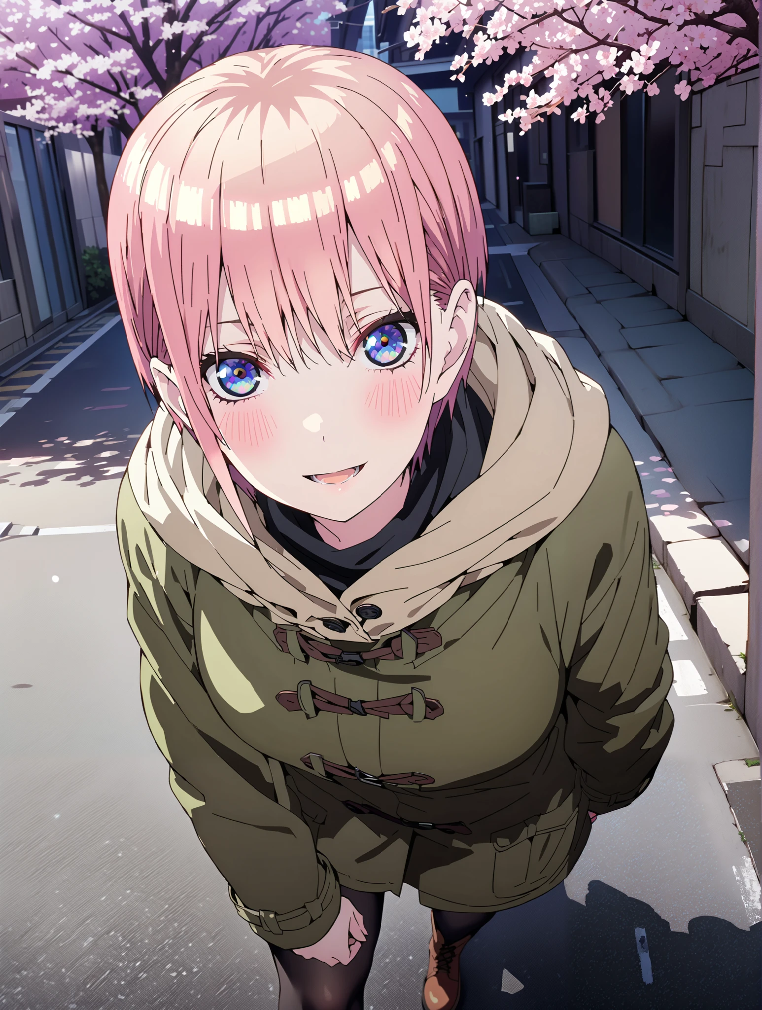 Nakano Ichika, short hair, bungs, blue eyes, Between the eyebrows, pink hair near MM, smile,blush,open your mouth,duffle coat,The front is empty,oversized turtleneck sweater,Black Pantyhose,Short Boots,walking,cherry blossoms,School building,full bodyがillustration for both eyesに入るように,break outdoors, Around town,
break looking at viewer,full body,
break (masterpiece:1.2), top quality, High Resolution, Unity 8K Wallpaper , (illustration for both eyes:0.8), (beautiful detailed eyes every time I look to the side:1.6), Highly Detailed Faces, perfect lighting, extremely detailed CG, (PERFECT HAND, perfect anatomy),full body写真,